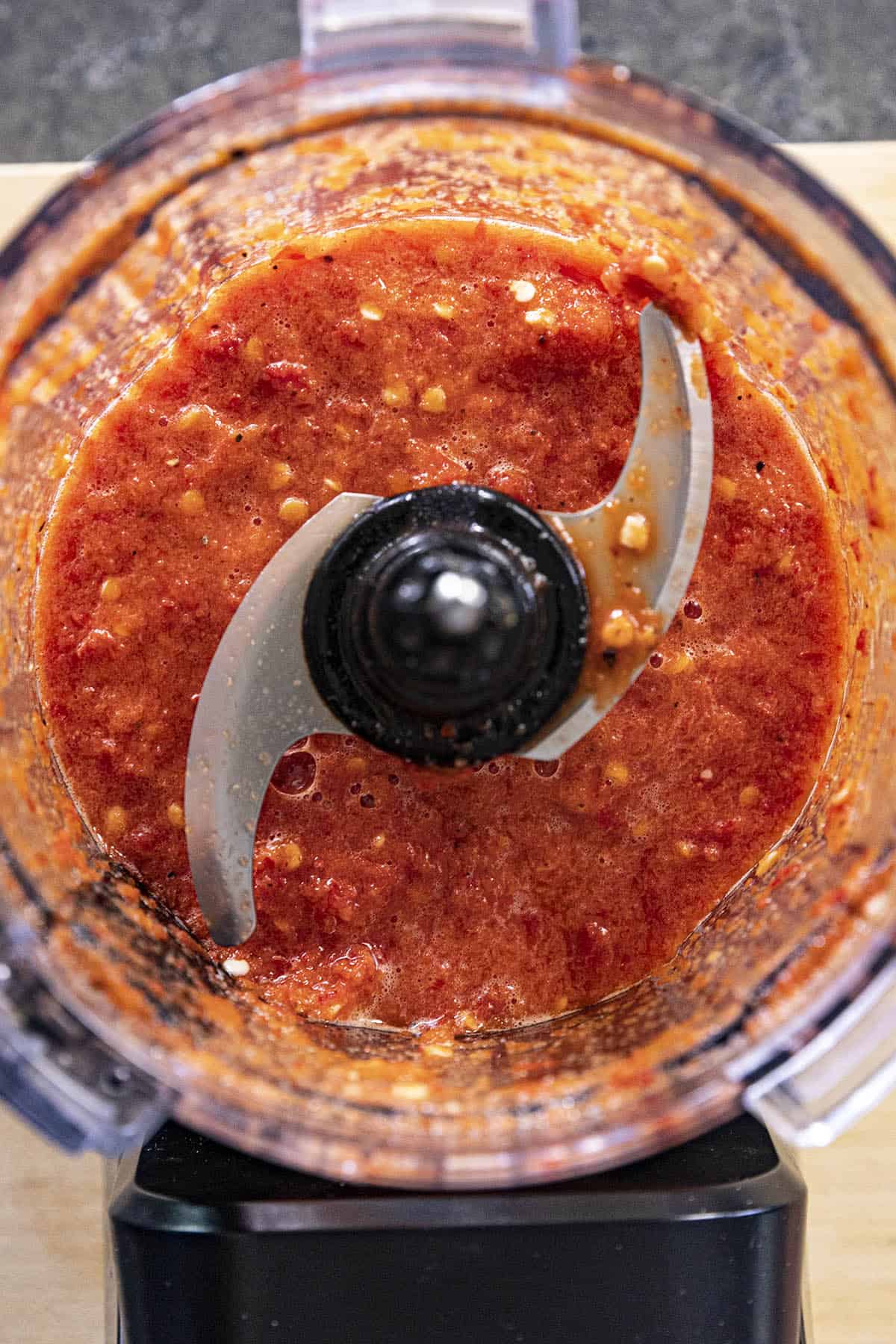 Homemade Chili Garlic Sauce in a food processor