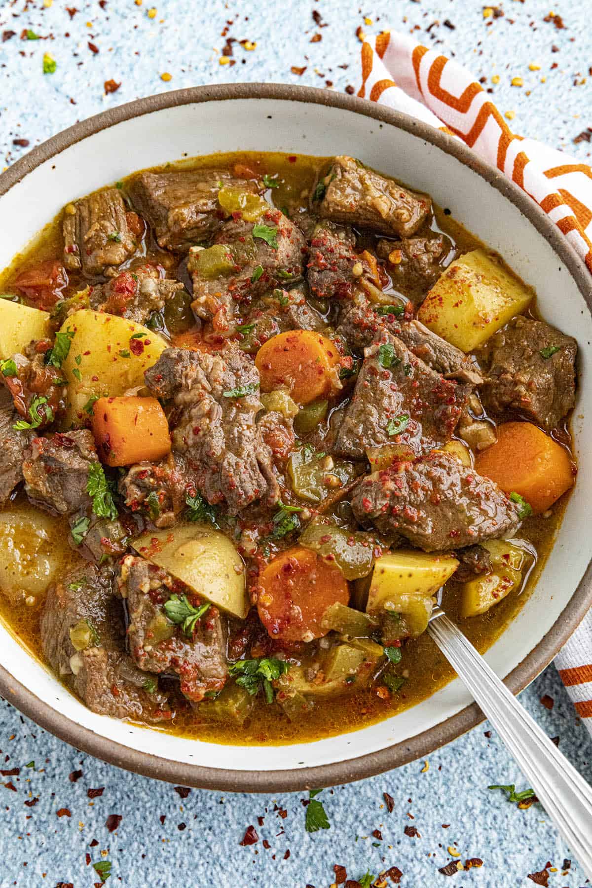 Hungarian Goulash in a bowl with a spoon