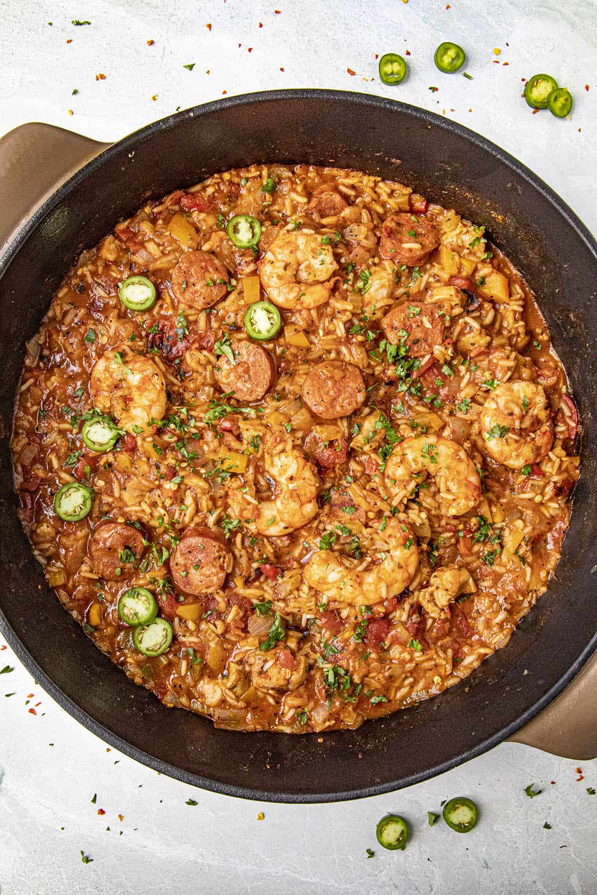 Jambalaya in a pot with lots of shrimp and andouille