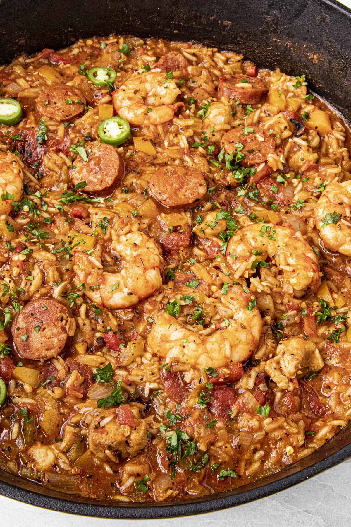 Cajun jambalaya in a pot with lots of shrimp