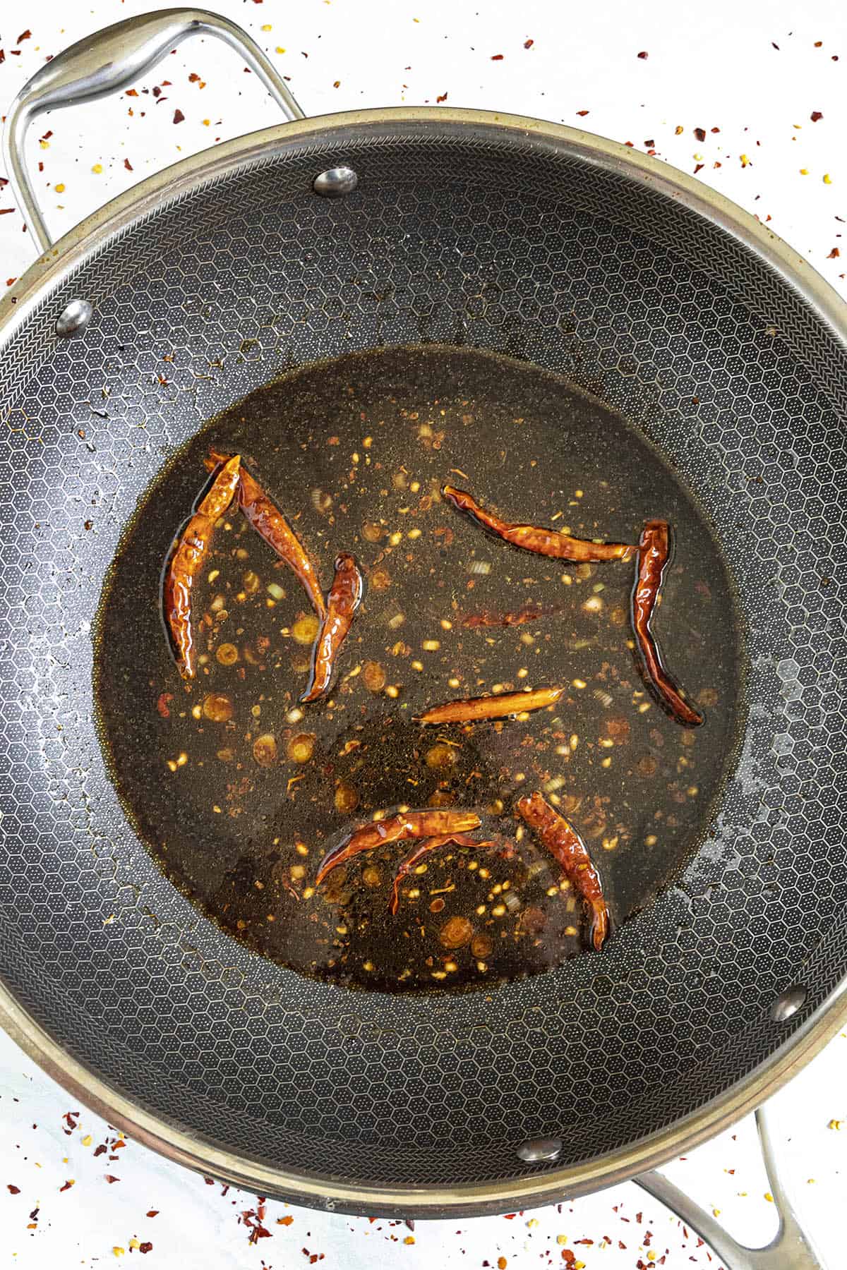 Simmering the Kung Pao Sauce in the hot pan