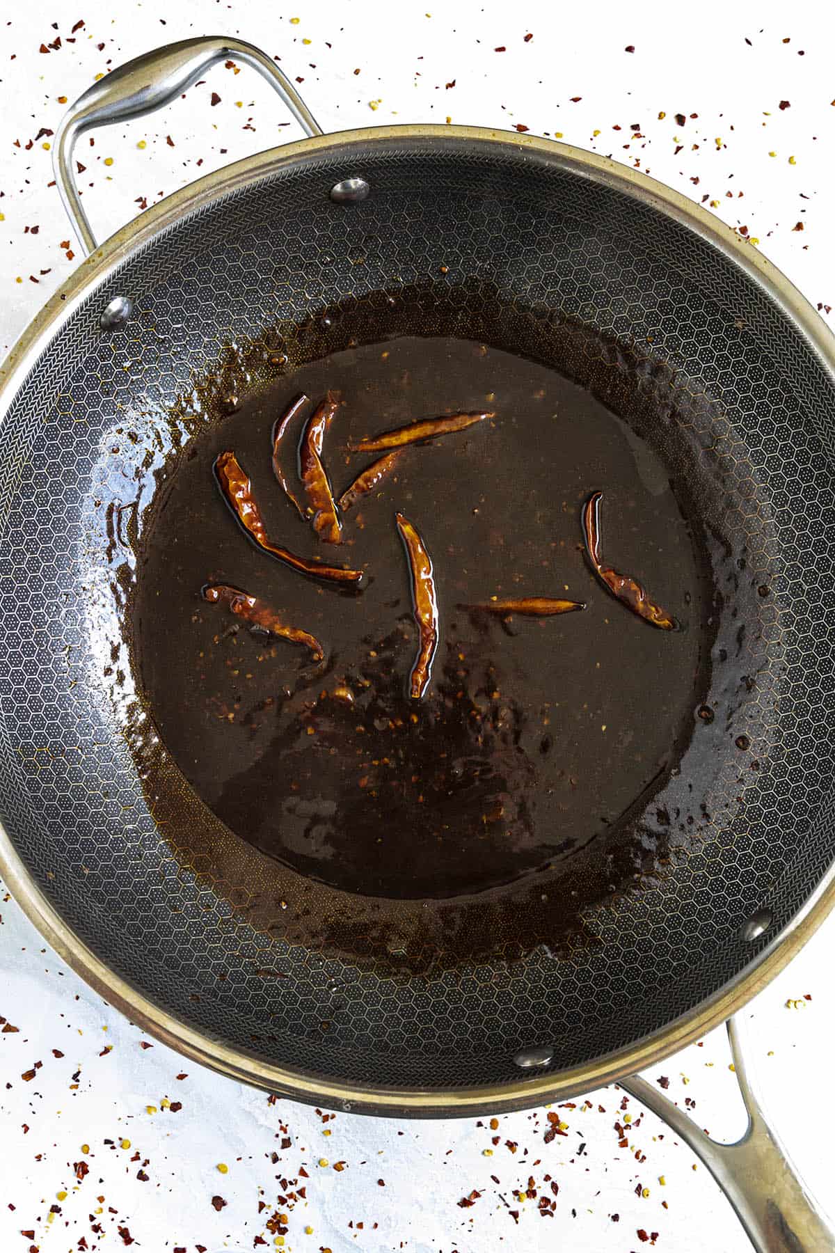 Thickening the Kung Pao Sauce in the hot pan