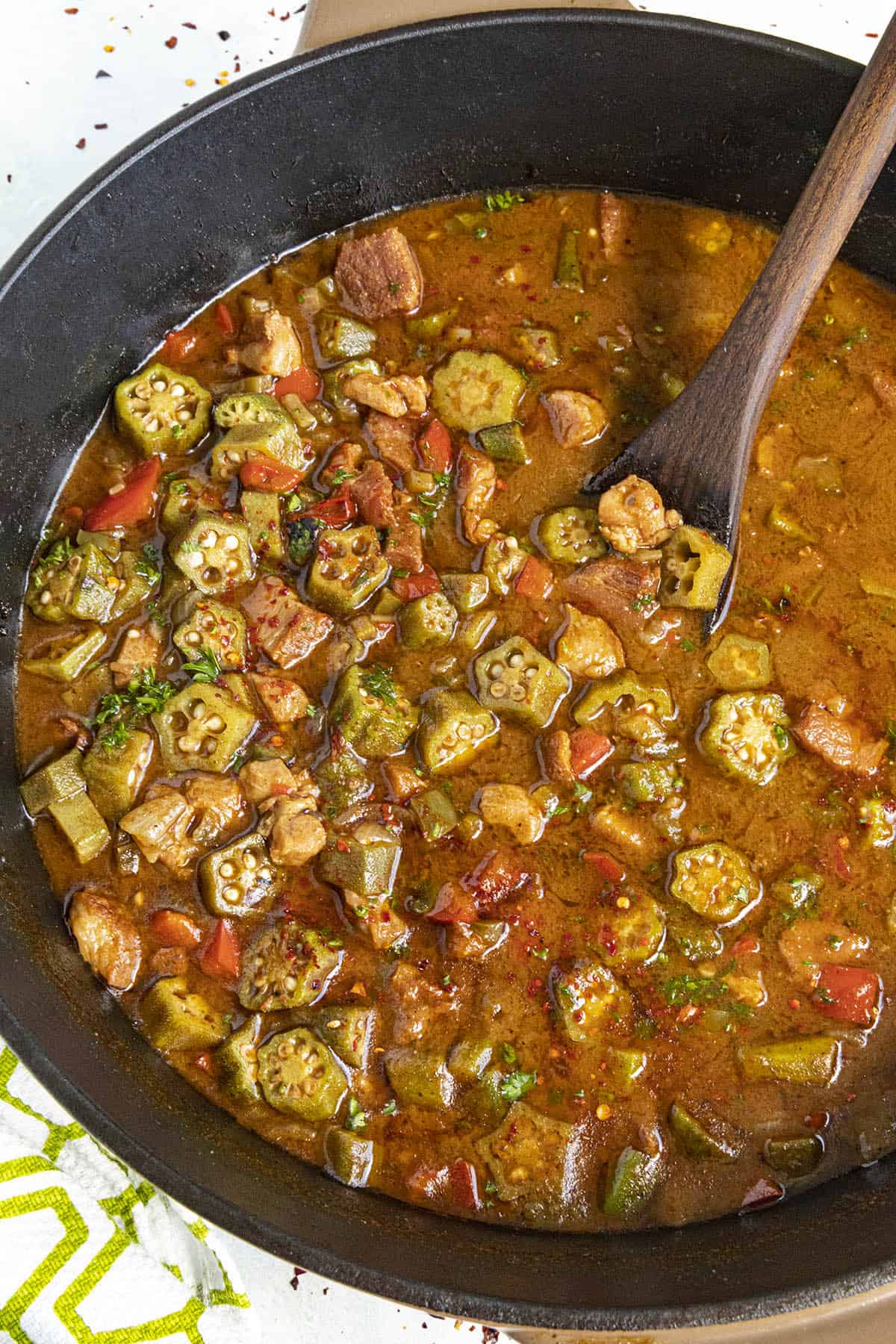 Okra Gumbo in a pot, ready to serve