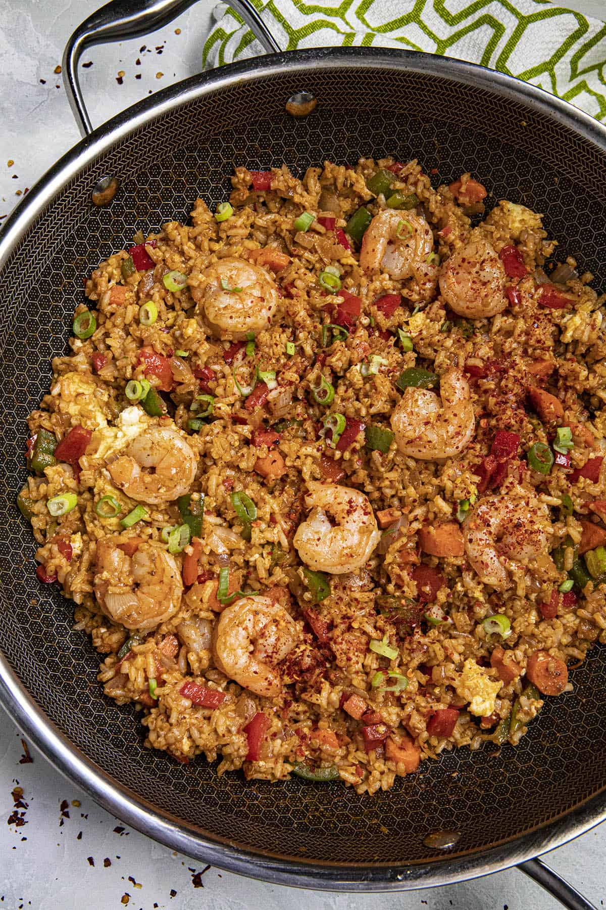 Shrimp Fried Rice in a hot pan, ready to serve