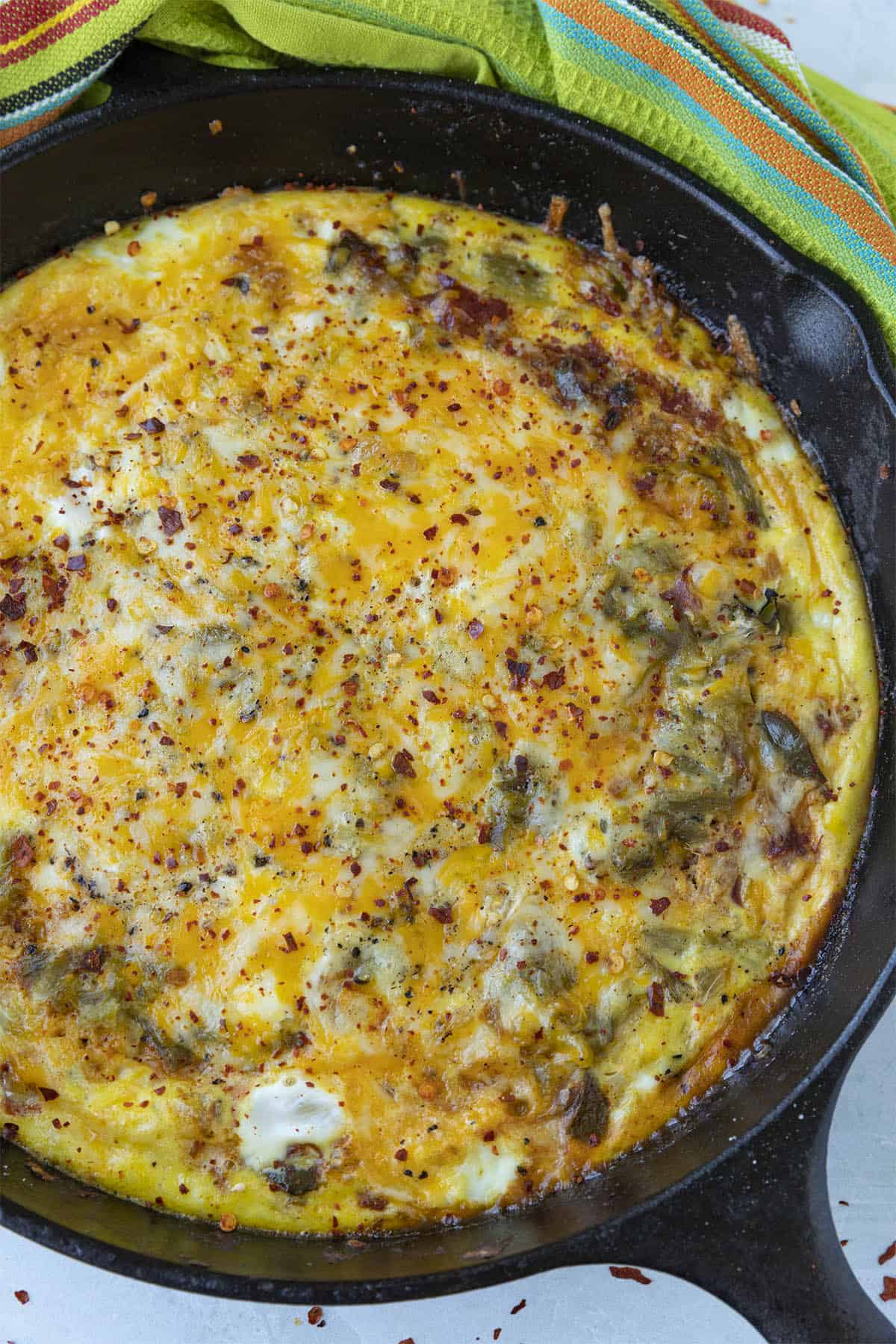 Chile Relleno Casserole in a hot pan, ready to serve