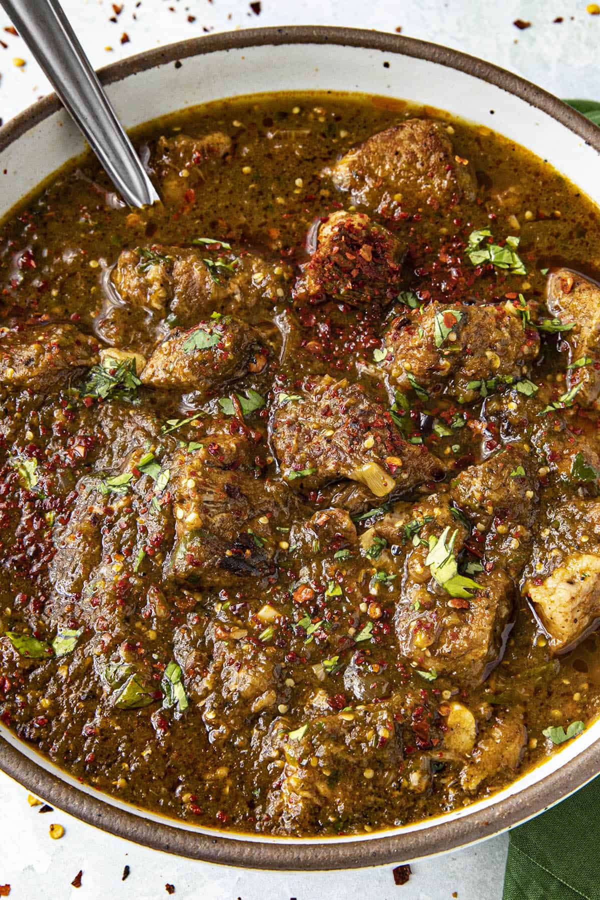 Chili Verde in a bowl, ready to serve