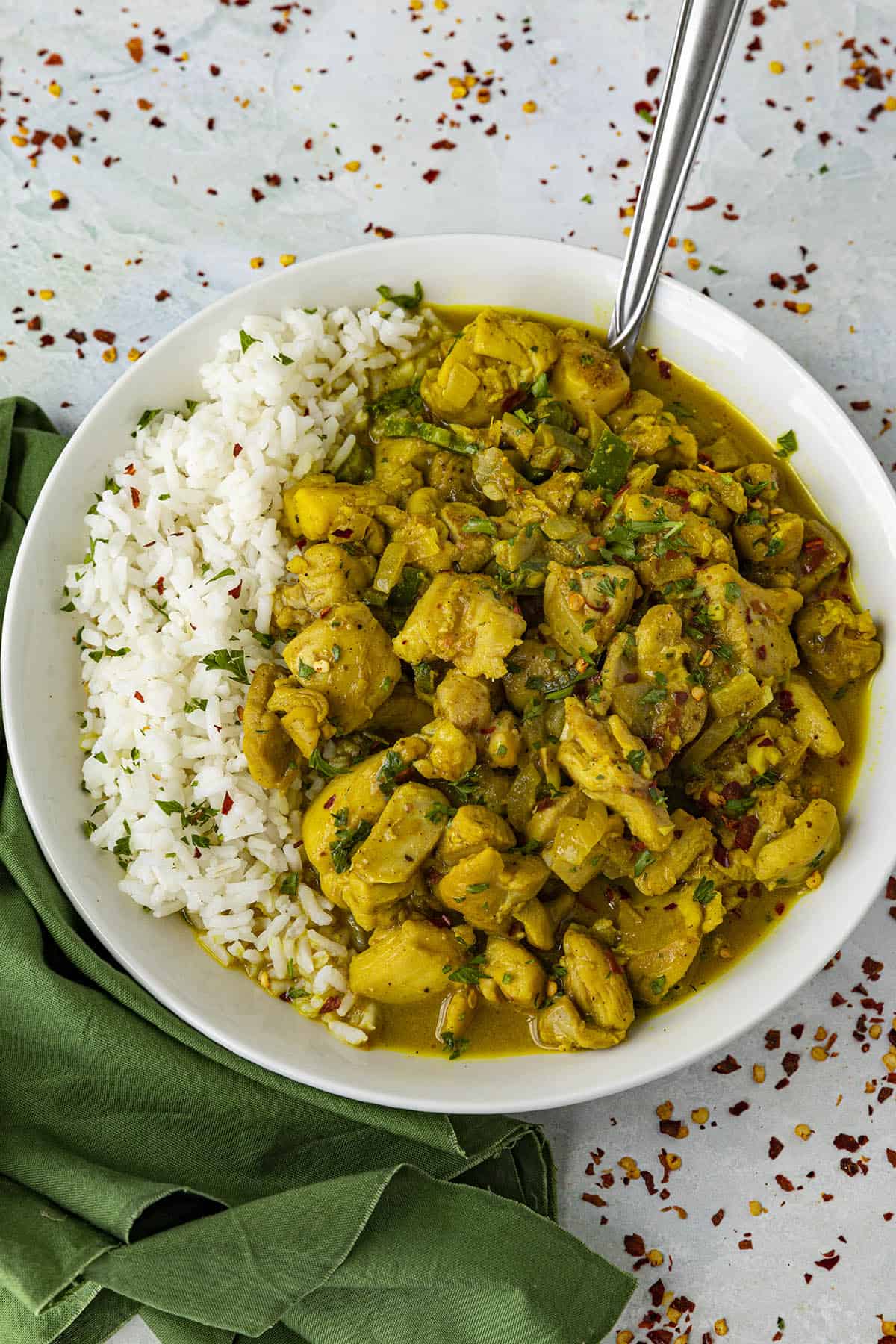 Spicy Coconut Curry Chicken in a bowl with rice
