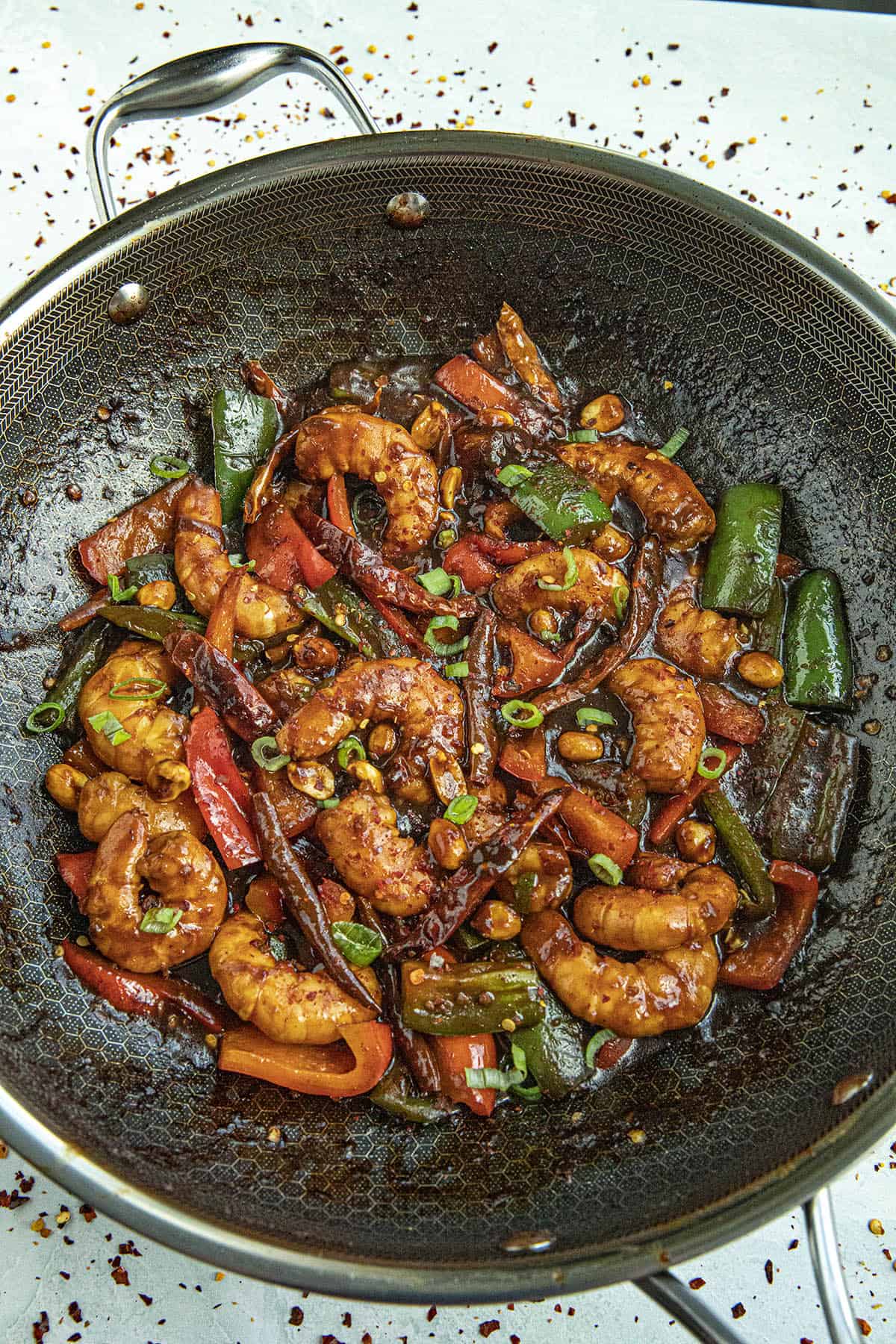 Kung Pao Shrimp in a pan, ready to serve