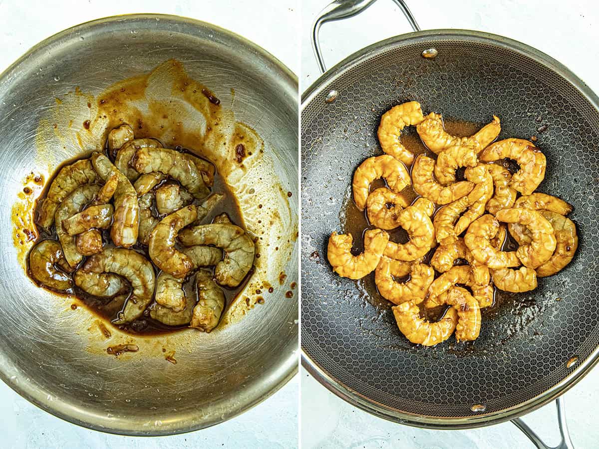 Stir frying marinated shrimp to make Kung Pao Shrimp