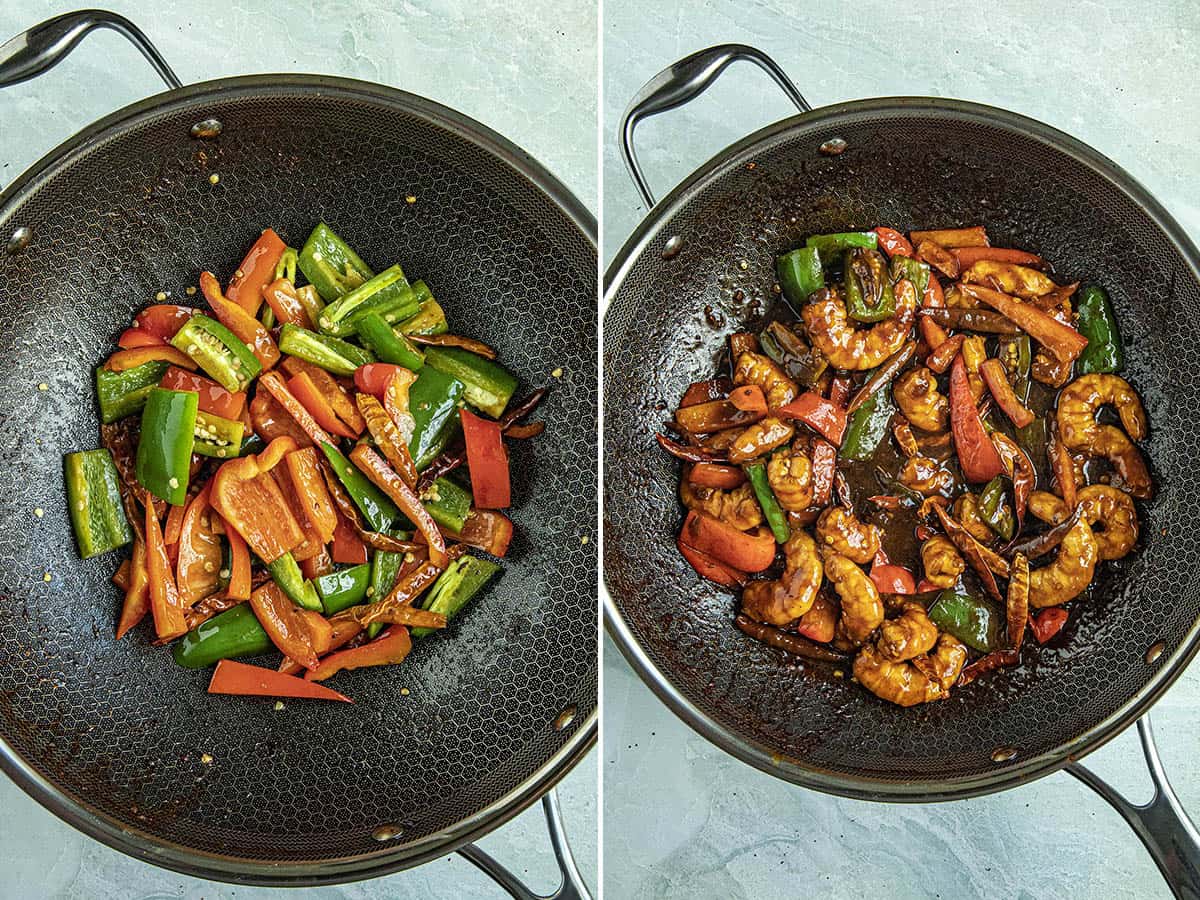 Stir frying peppers in a wok, then adding kung pao sauce and shrimp for making Kung Pao Shrimp