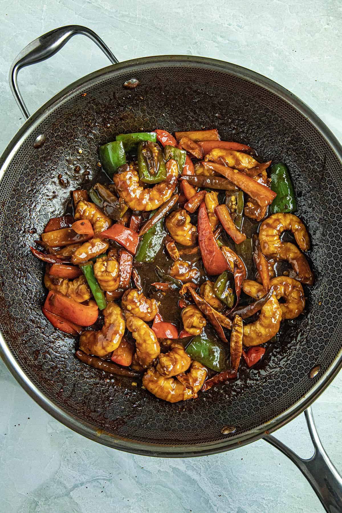 Kung Pao Shrimp ingredients mixed in a pan, ready for garnish