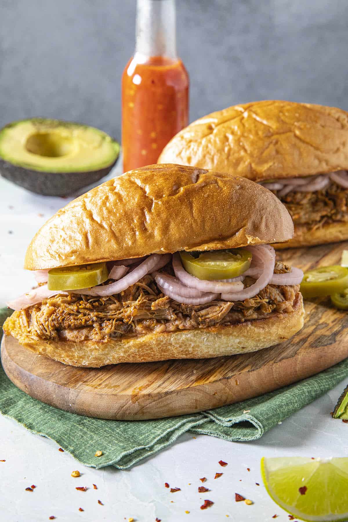 Mexican Torta de Cochinita Pibil on a serving platter