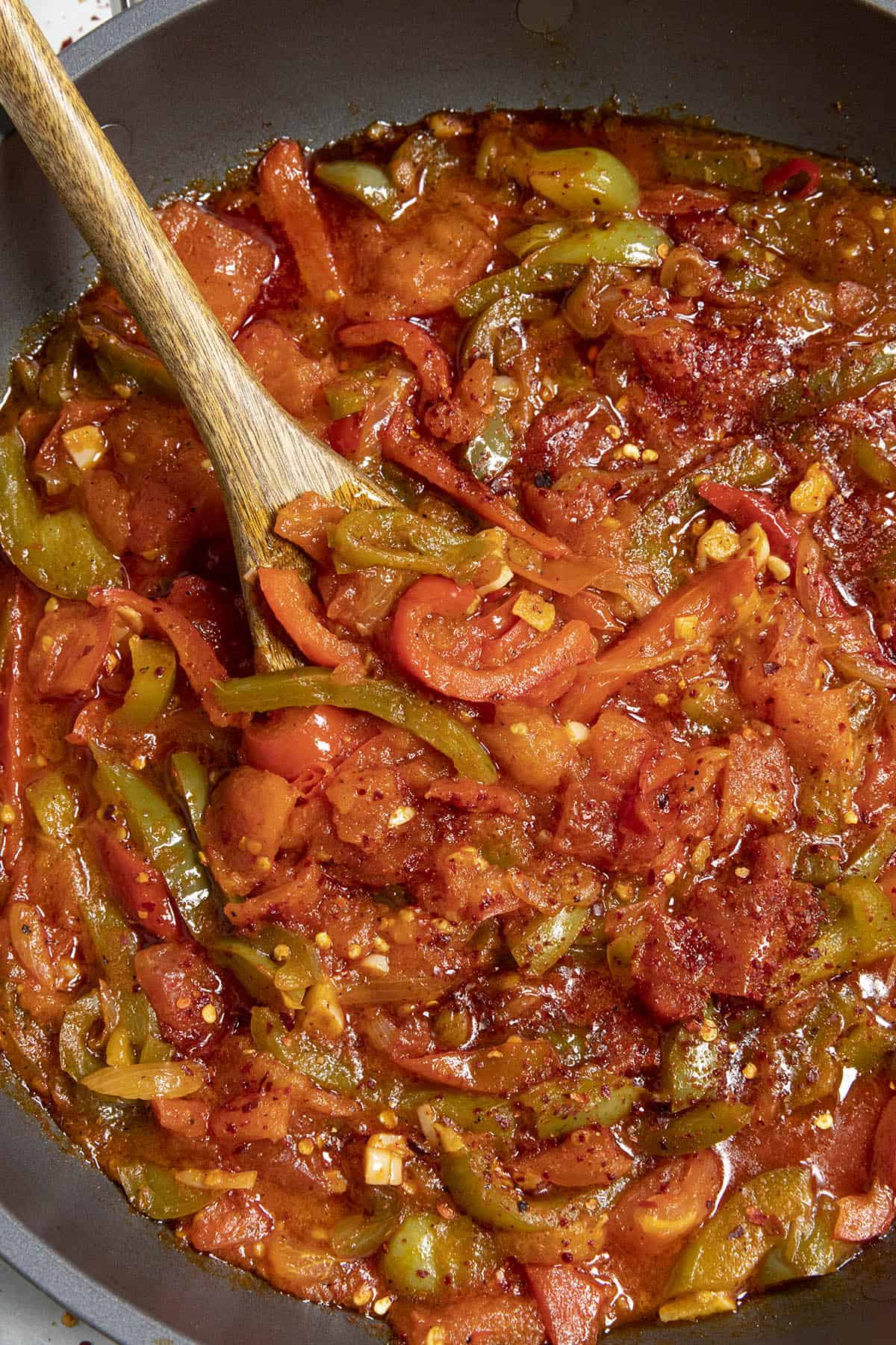 Spicy Piperade in a hot pan, ready to serve