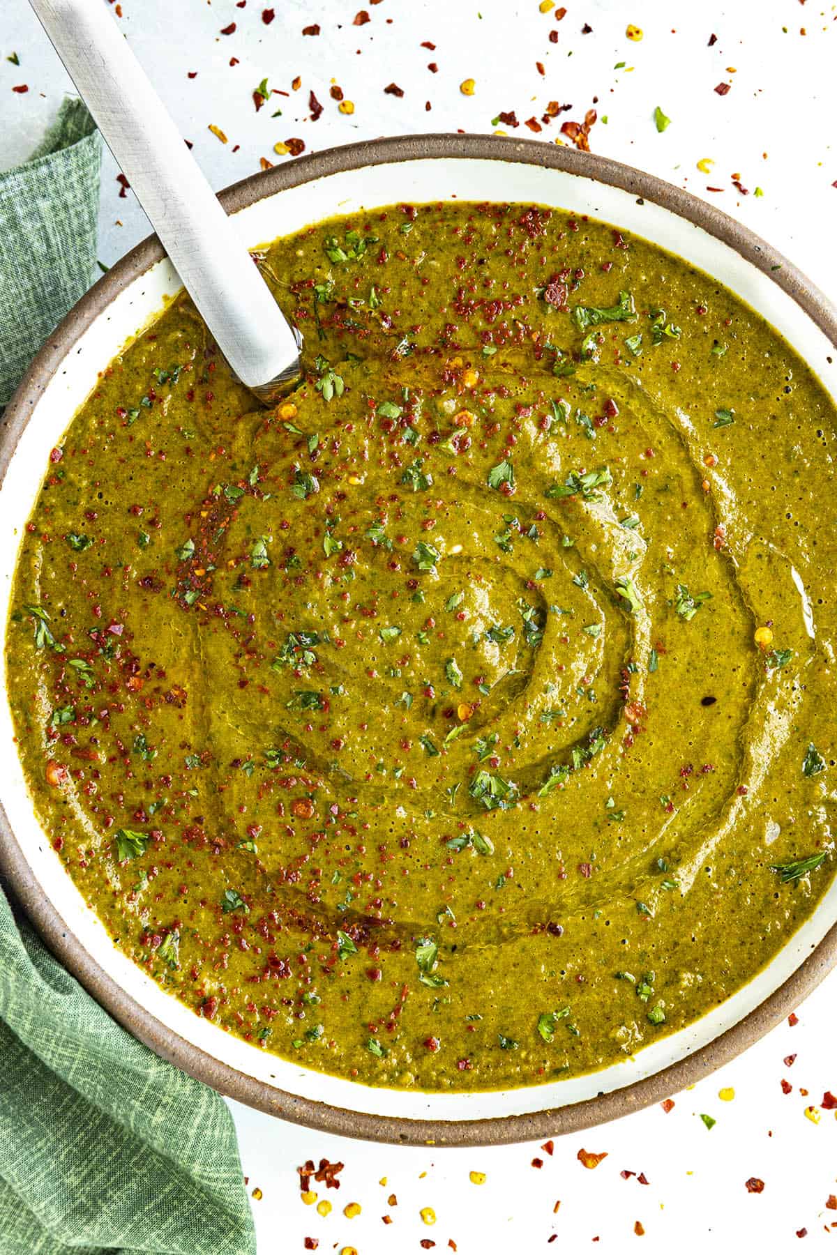 Roasted Poblano Soup in a bowl, ready to serve