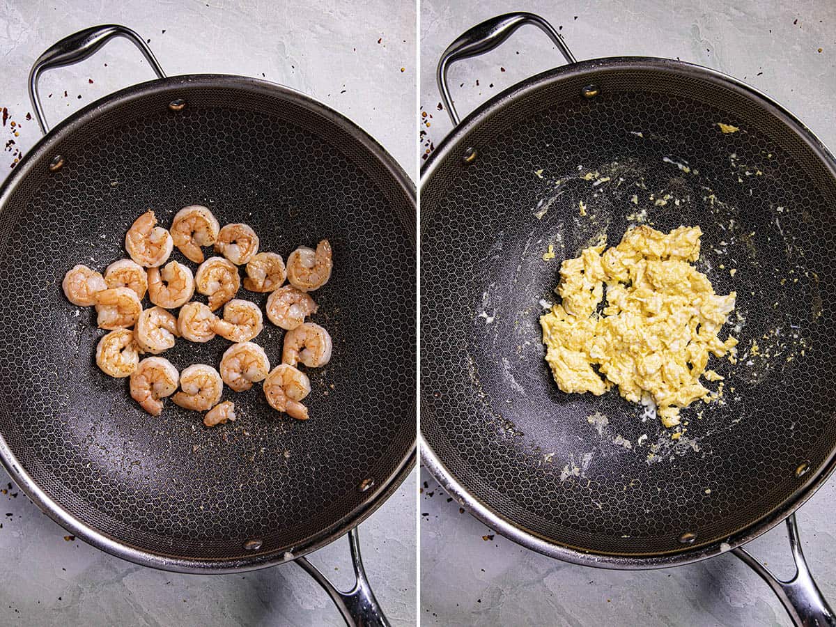 Cooking the shrimp and eggs to make Shrimp Fried Rice