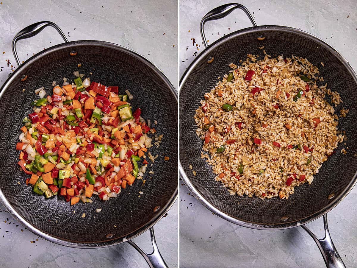 Stir frying the vegetables, then the rice to make Shrimp Fried Rice