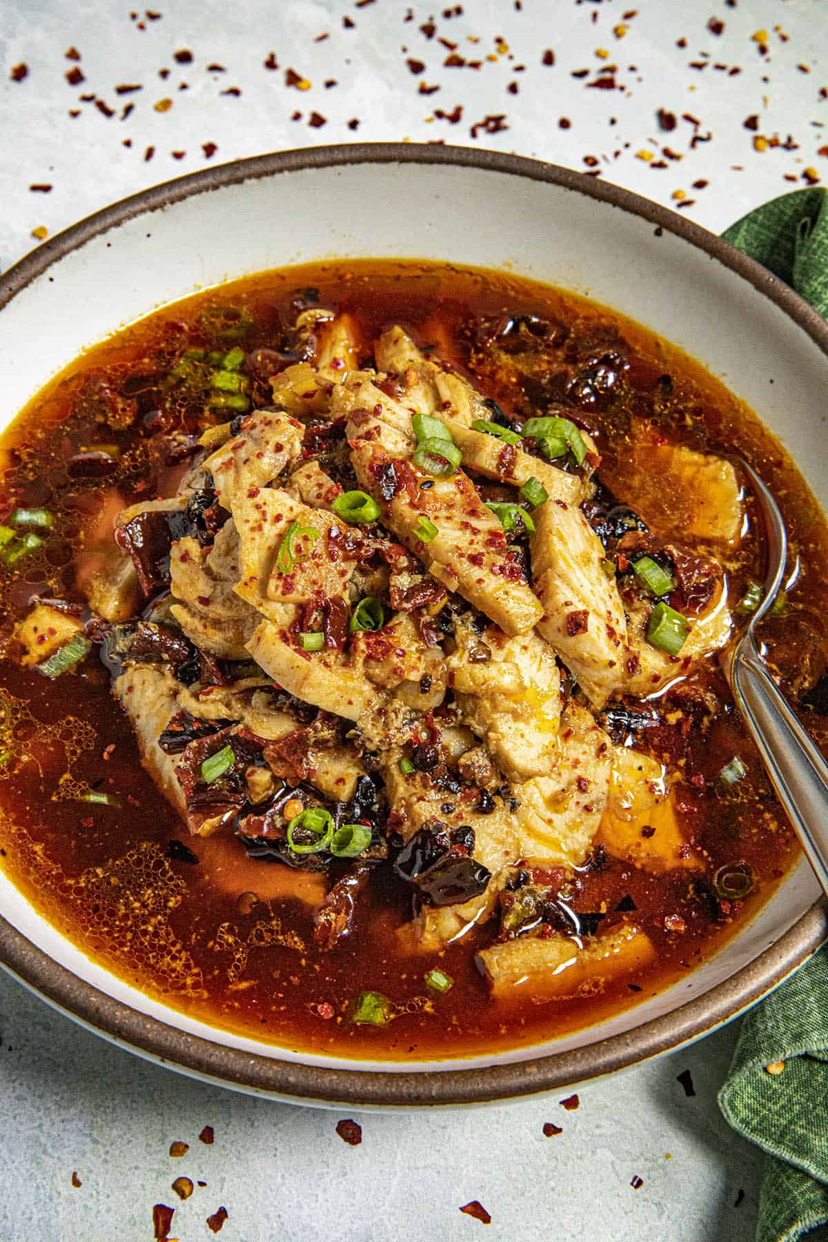 Spicy Shuizhu Yu in a bowl with garnish