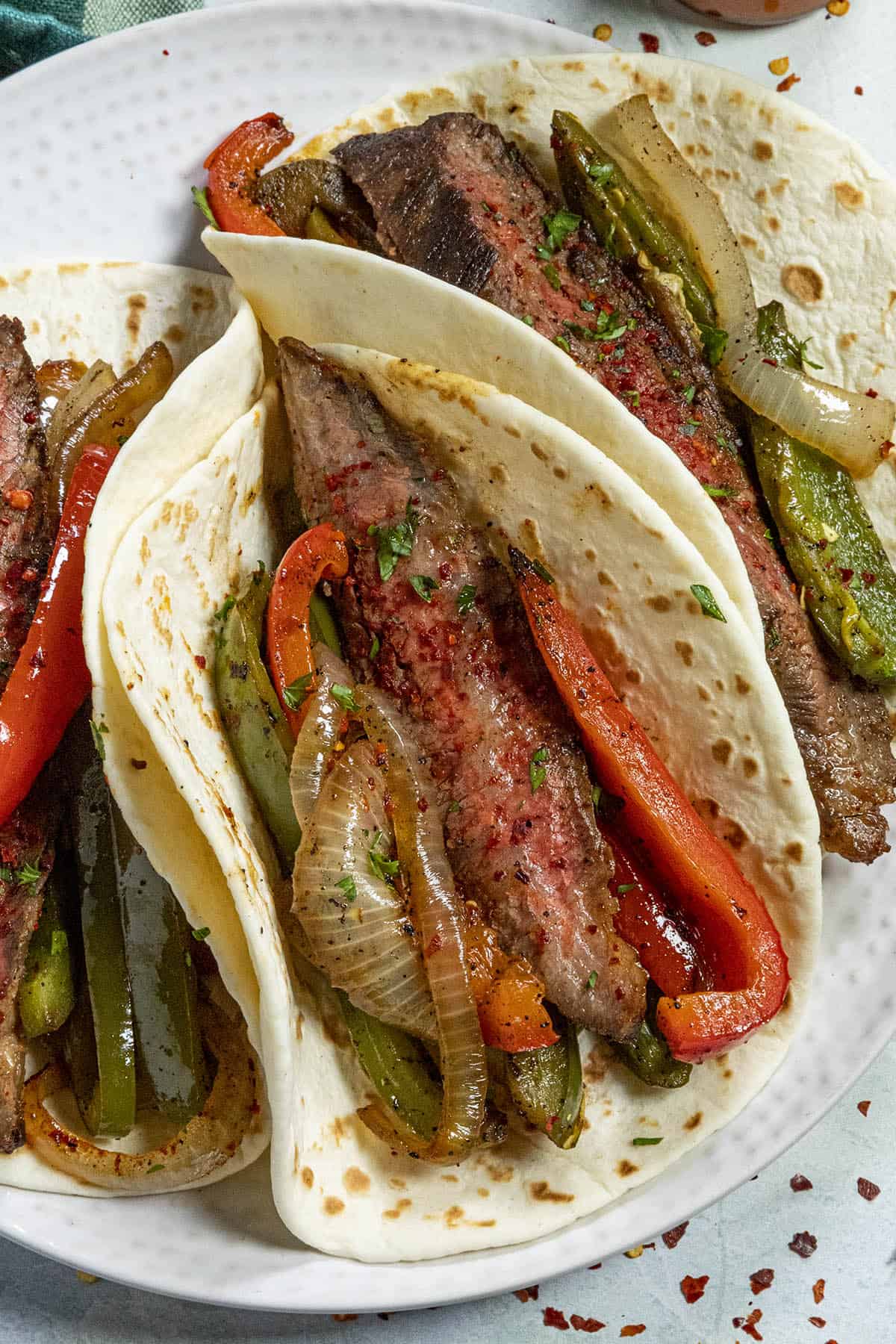 Steak Fajitas on a plate, ready to serve