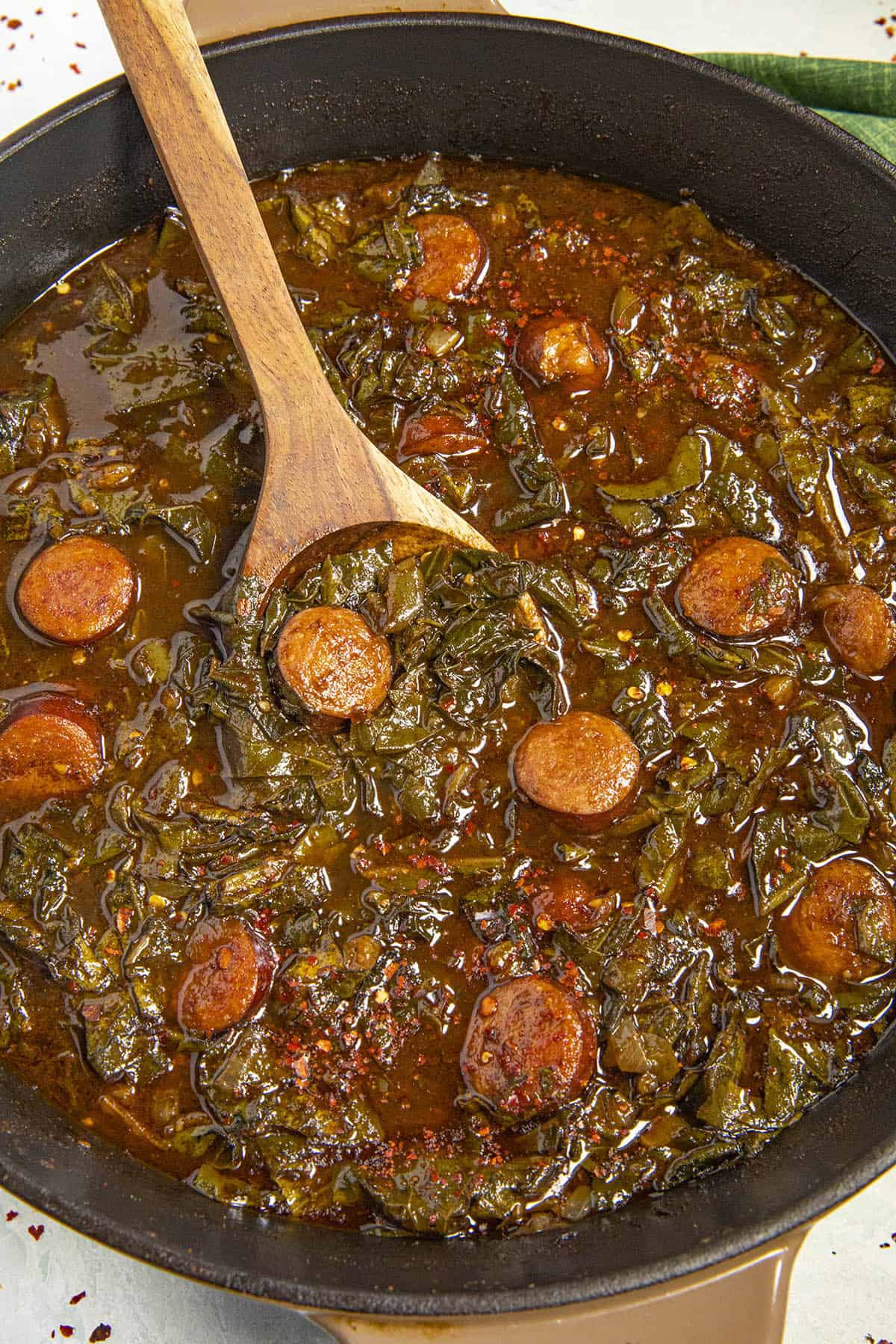 Gumbo Zherbes in a pot, ready to serve