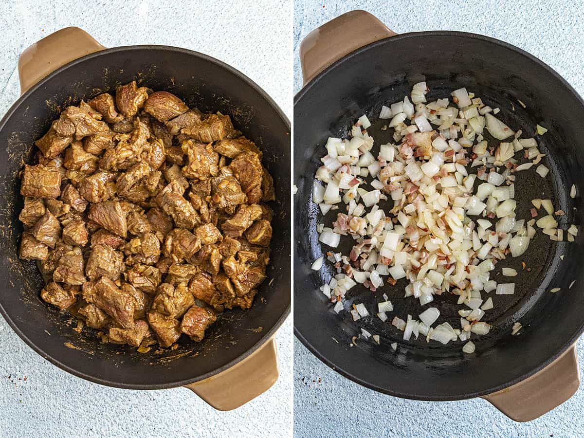 Browning Meat and cooking onion in a pot to make Hungarian Goulash