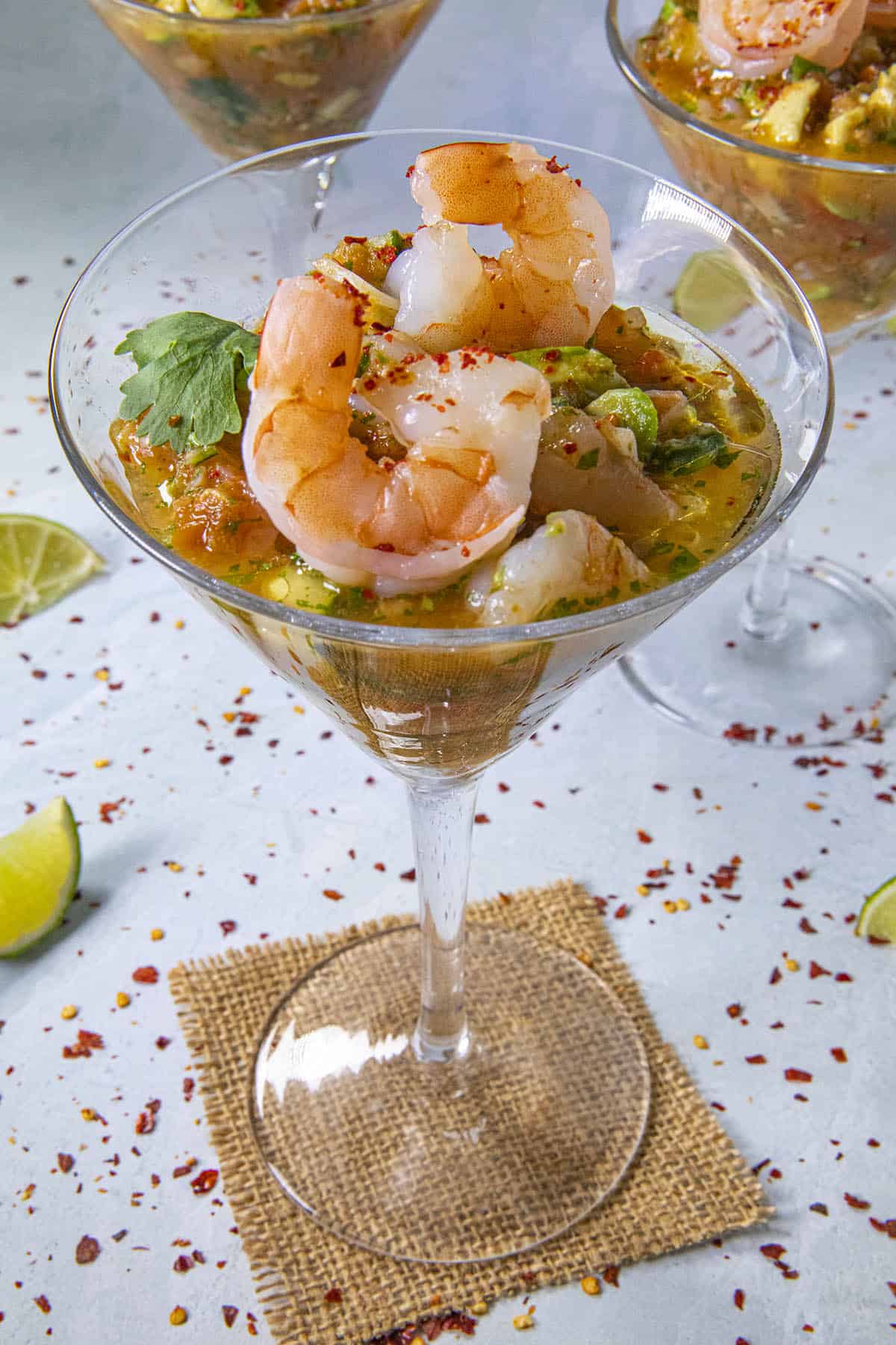 Mexican Shrimp Cocktail in a glass, ready to serve