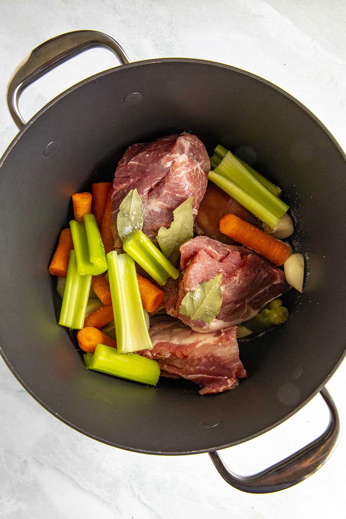 Meat and veggies in a pot to make pozole