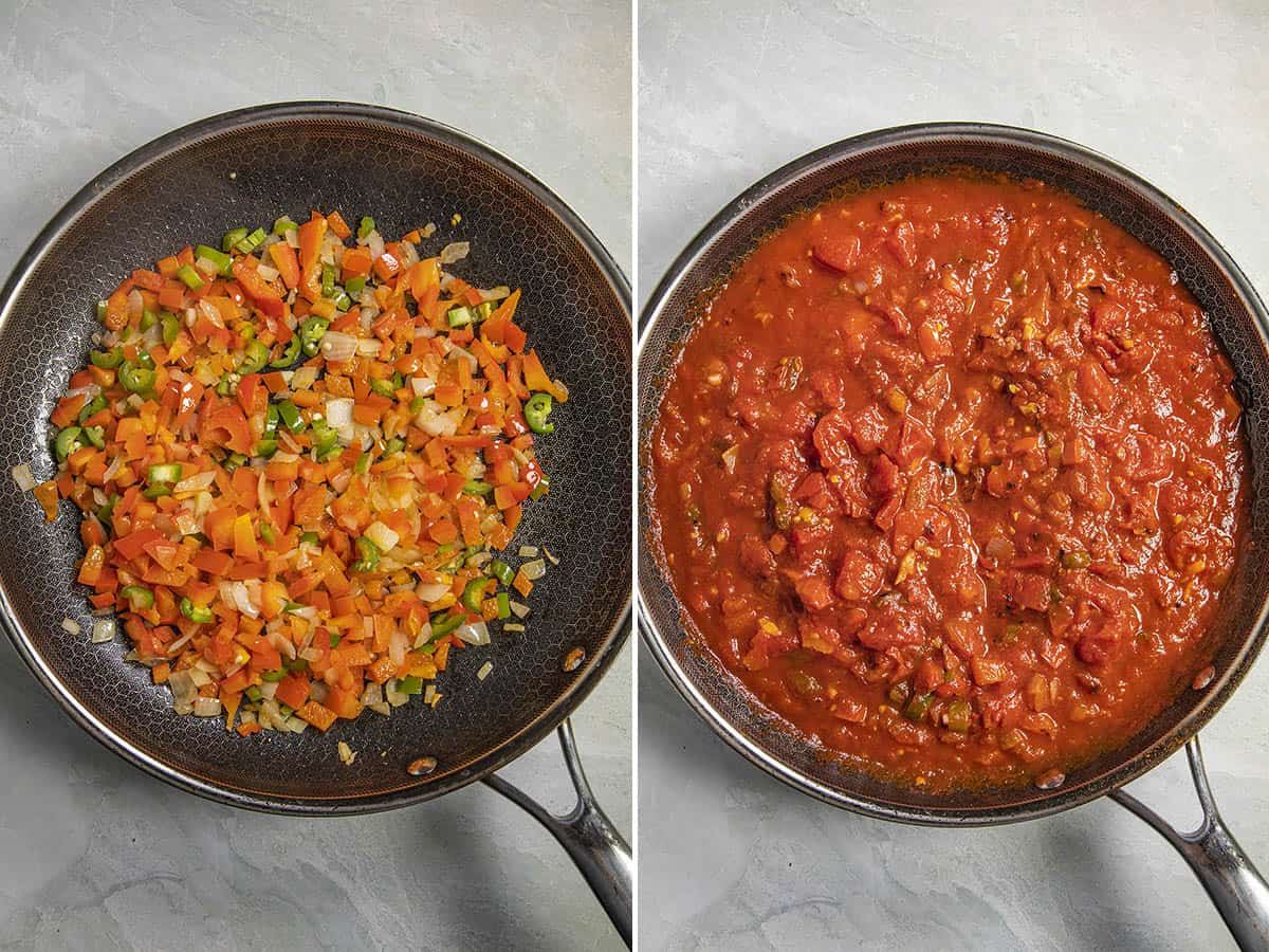Spicy tomato sauce in a pan to make Shakshuka