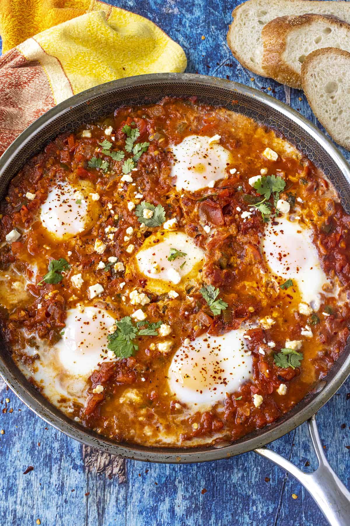 Shakshuka in a pan, ready to serve