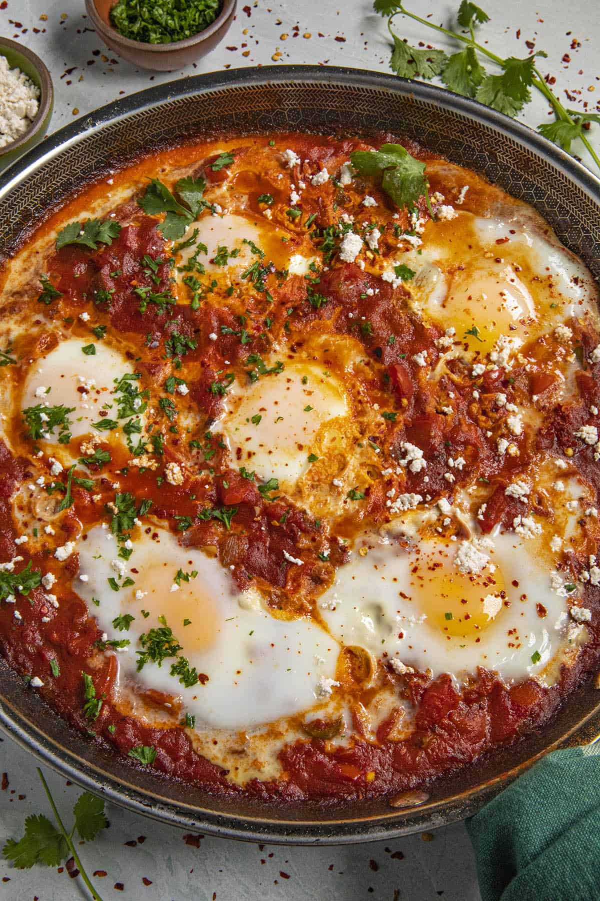Shakshuka in a pan, ready to serve