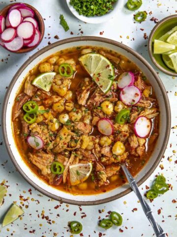 A bowl of Pozole Rojo