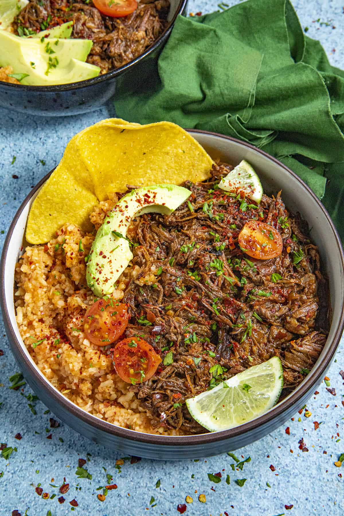 A Beef Barbacoa Bowl with Mexican Rice