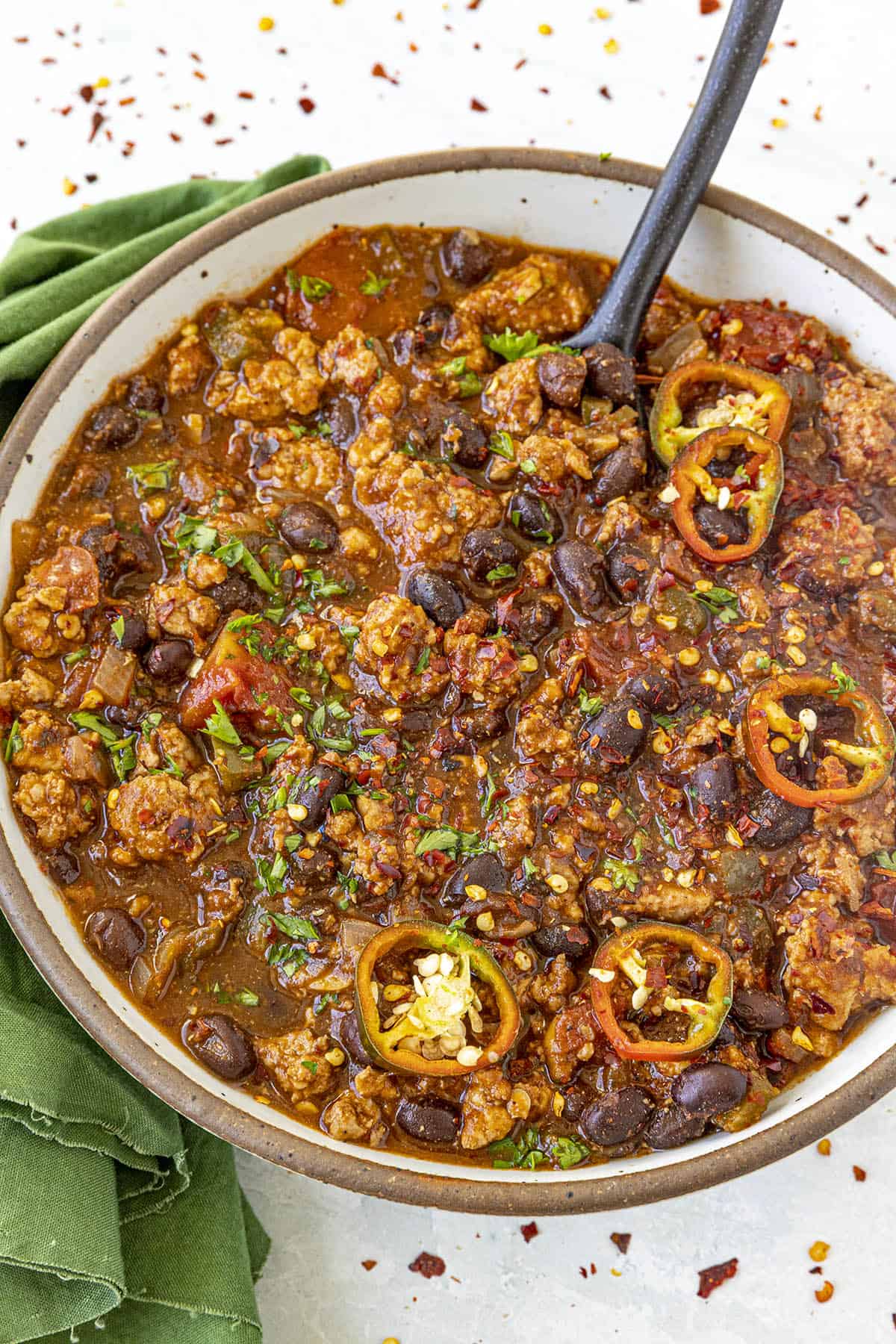 Black Bean Chili in a bowl, ready to serve