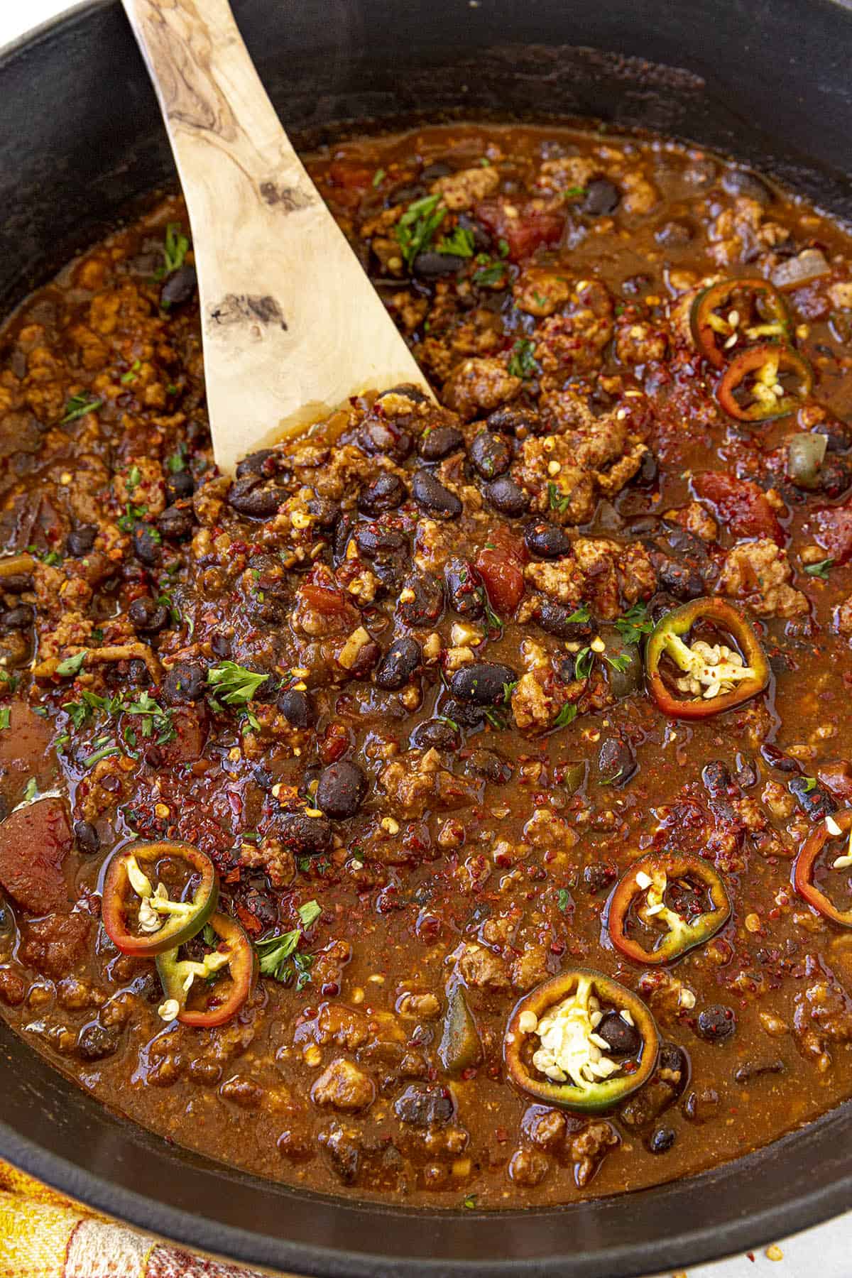 Black Bean Chili in a pot, ready to serve