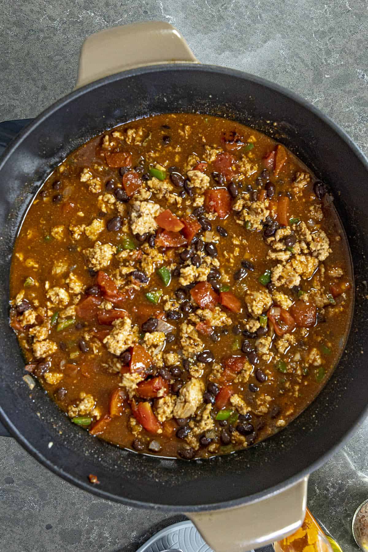 Black Bean Chili simmering in a pot