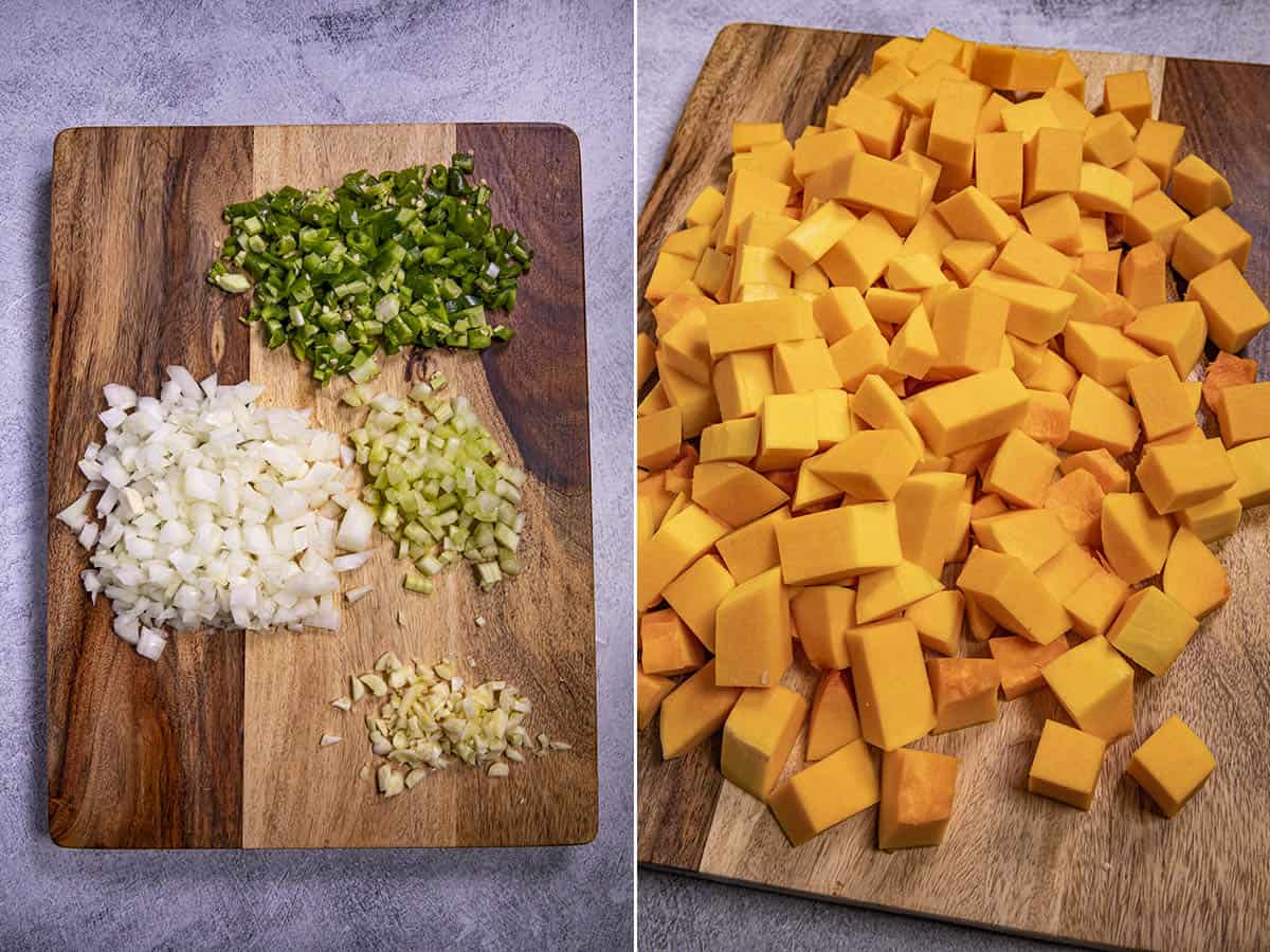 Chopped ingredients for making Butternut Squash Soup