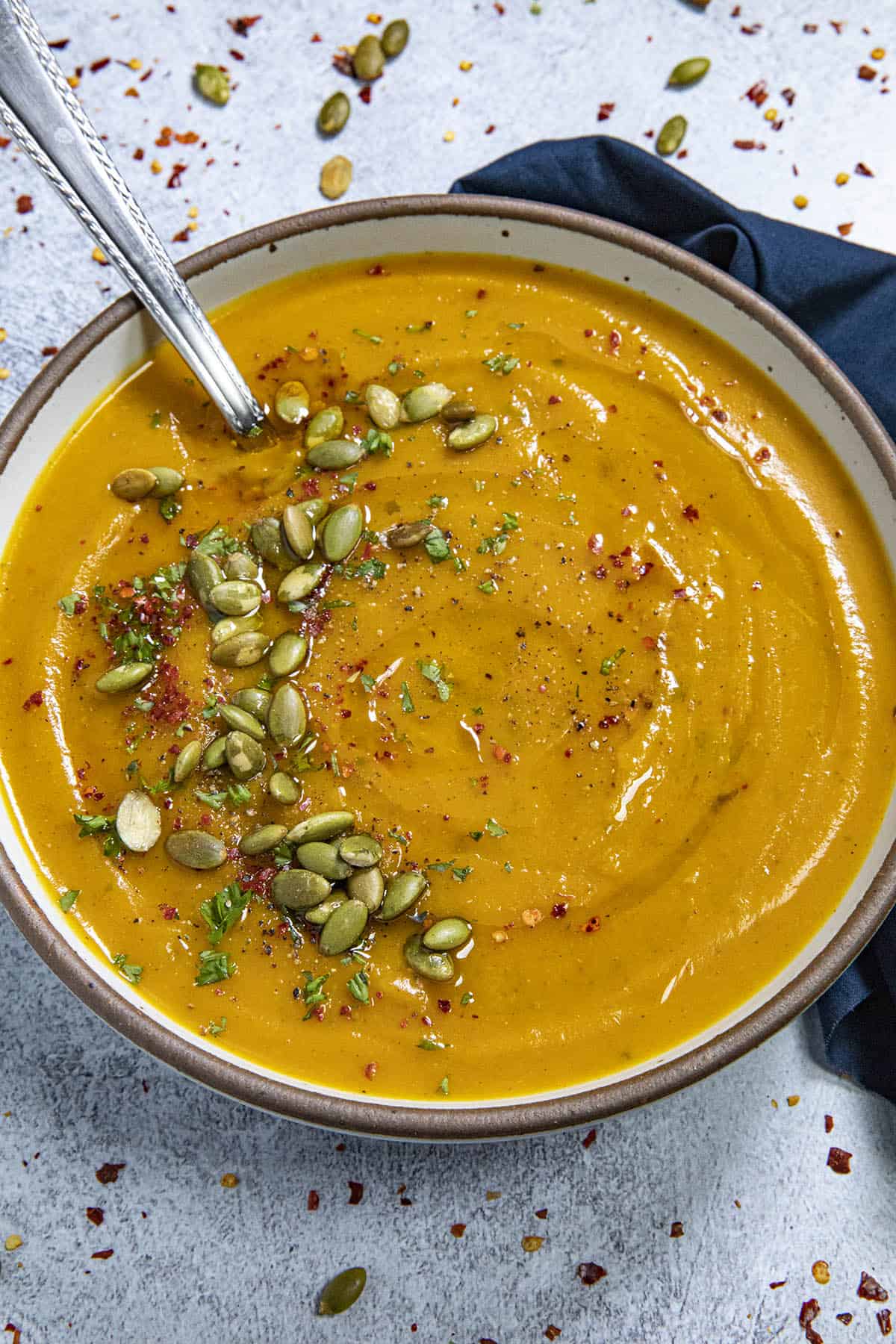 A bowl of Butternut Squash Soup with garnish