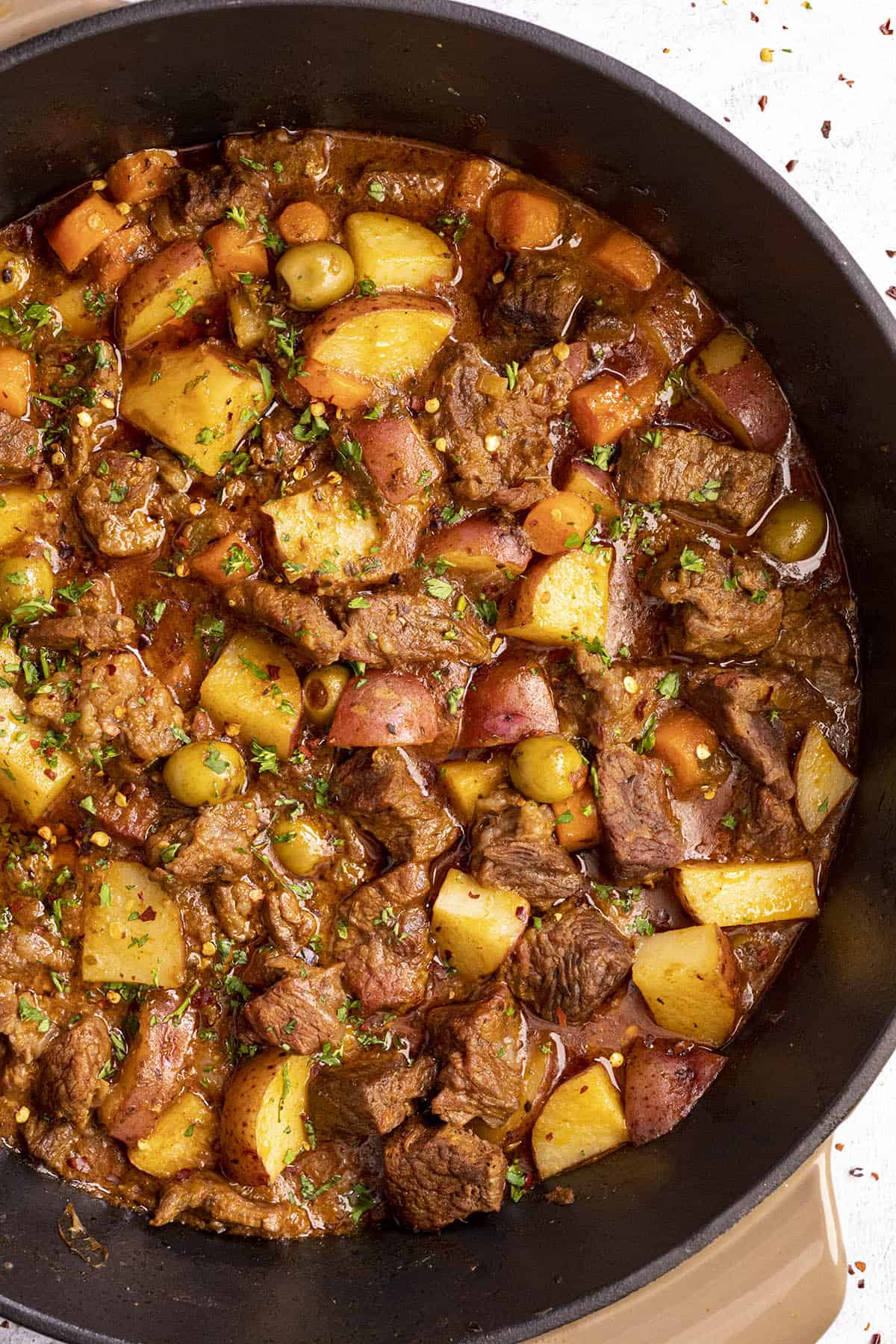 Carne Guisada in a pot, ready to serve