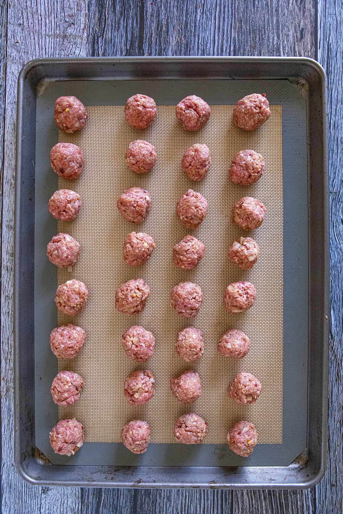 Meatballs on a baking sheet for making Grape Jelly Meatballs