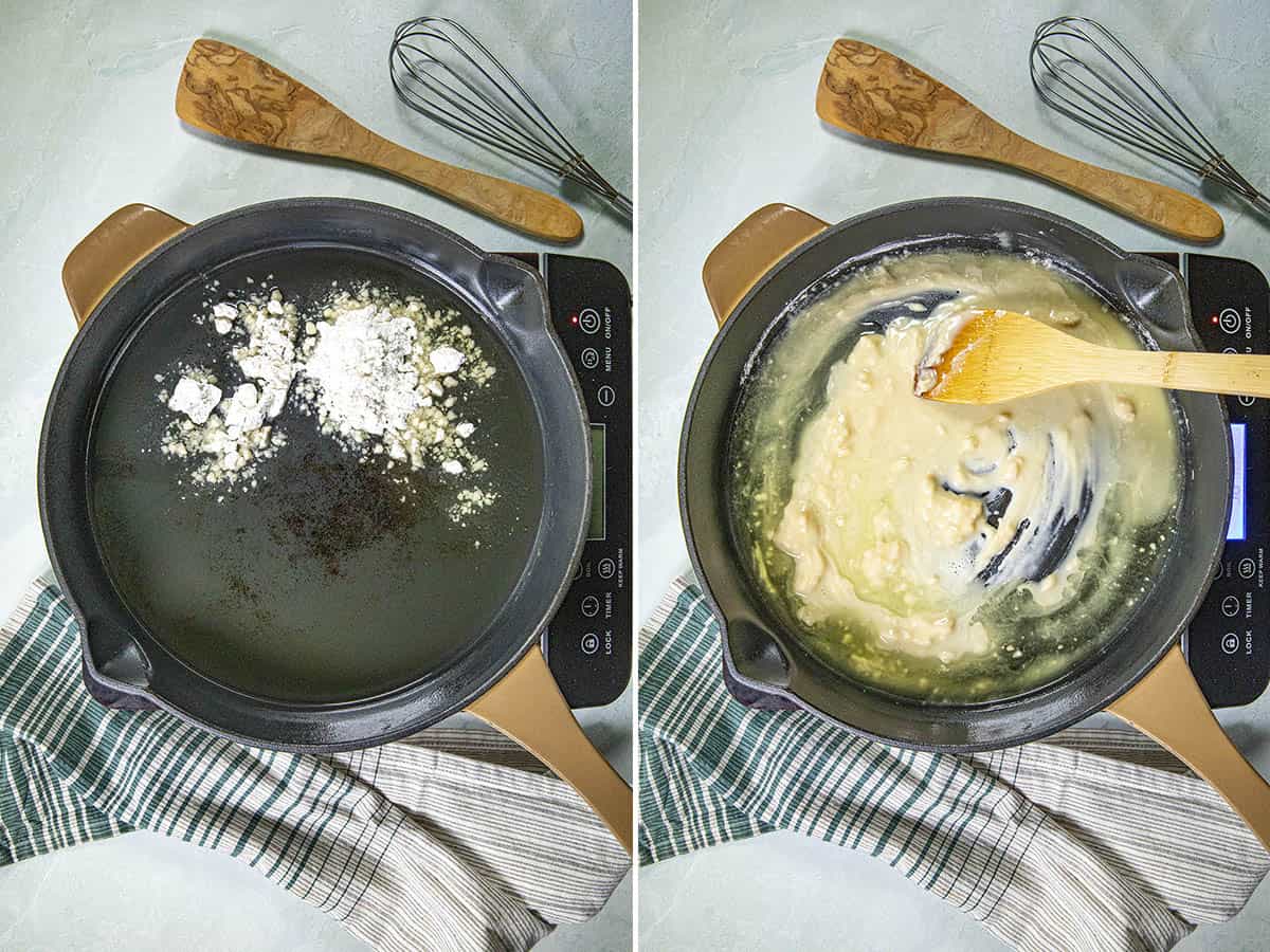 Mixing flour and oil in a pan to make roux