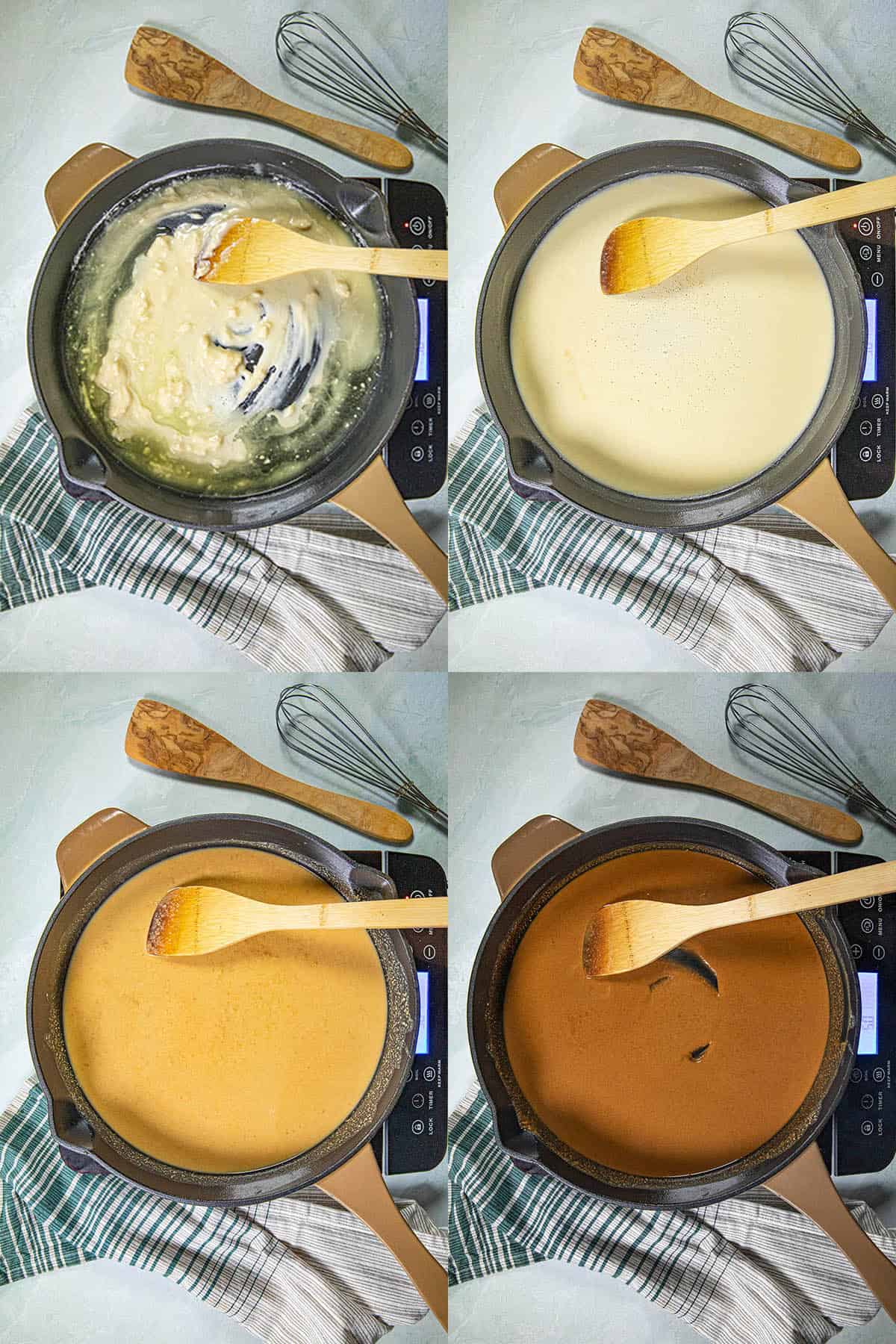 Steps for making a roux, from mixing, to a white roux, blonde roux, and dark roux.