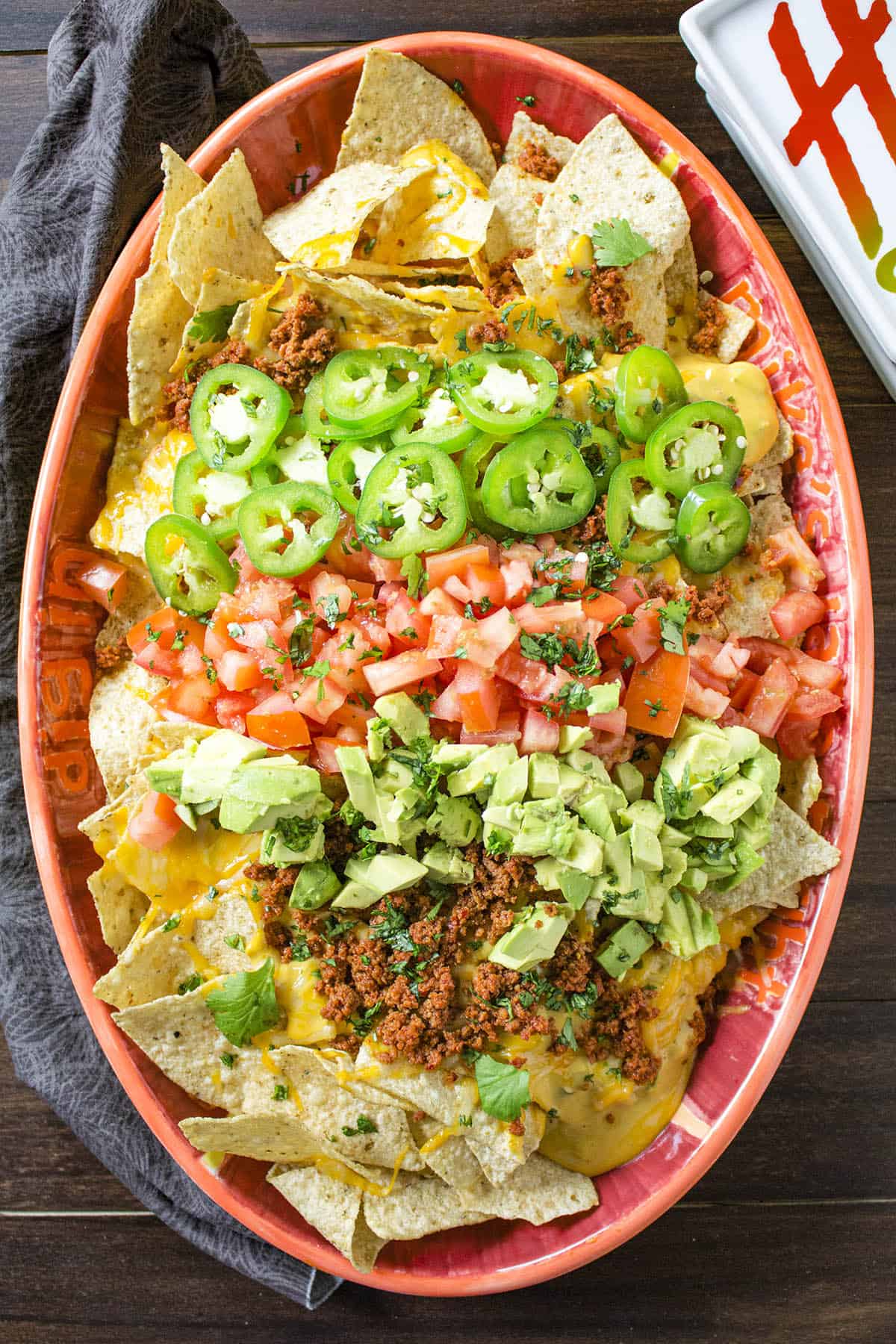 Mikes Late Night Nachos on a platter, ready to serve