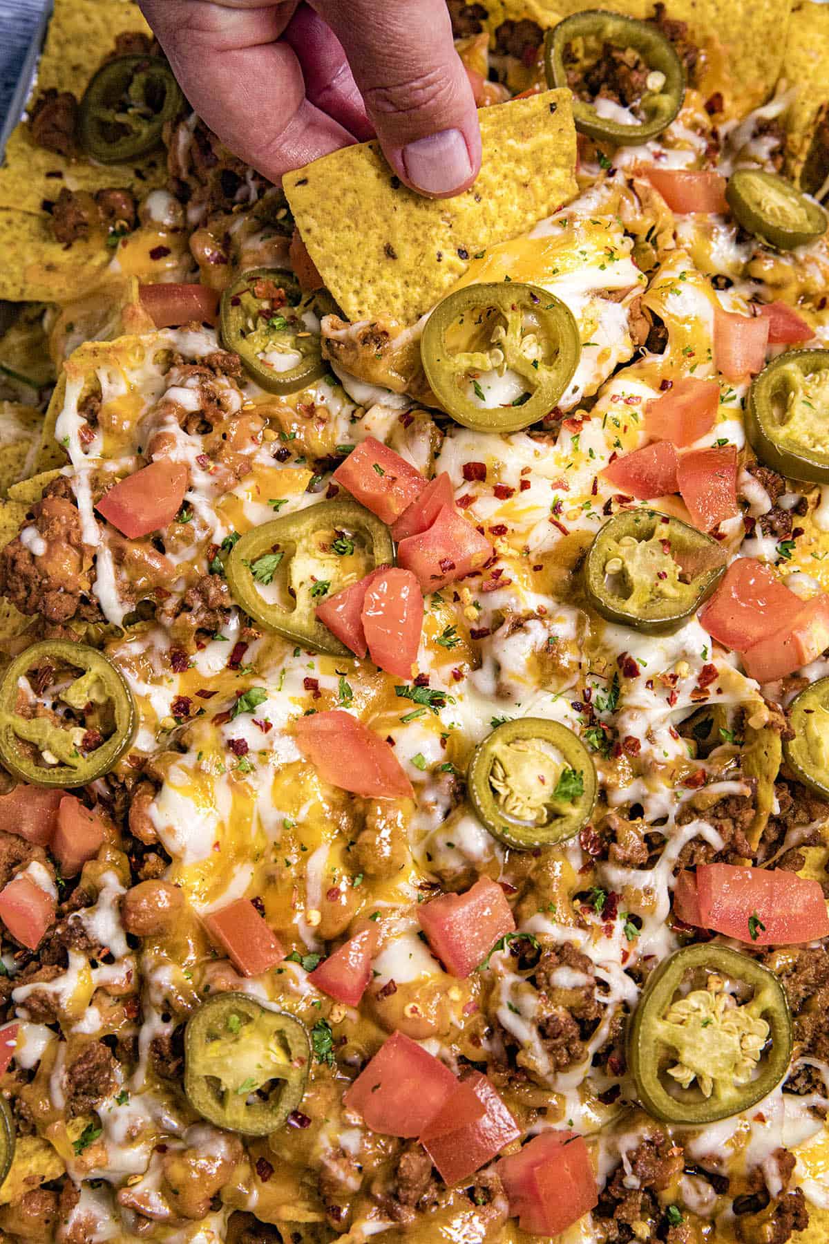A pan full of nachos with lots of toppings