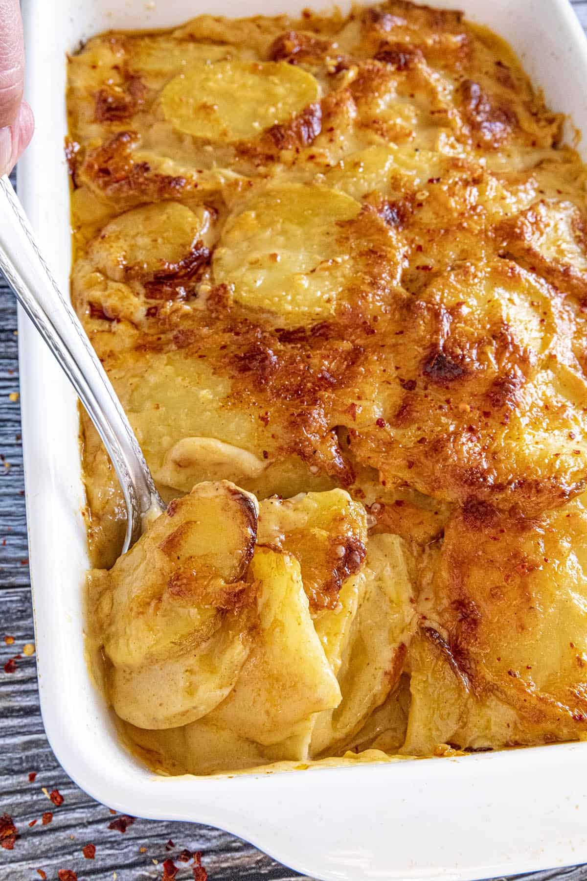 Mike taking a scoop of cheesy Scalloped Potatoes from the baking dish