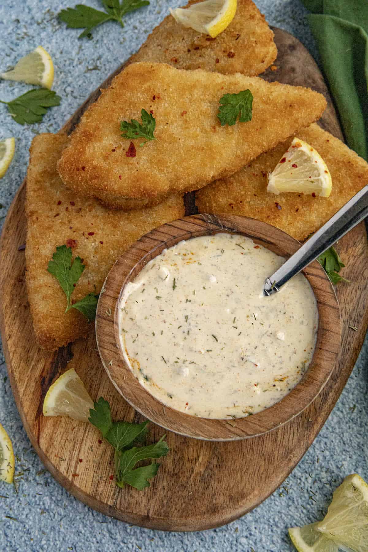 A platter of fried fish served with Tartar Sauce