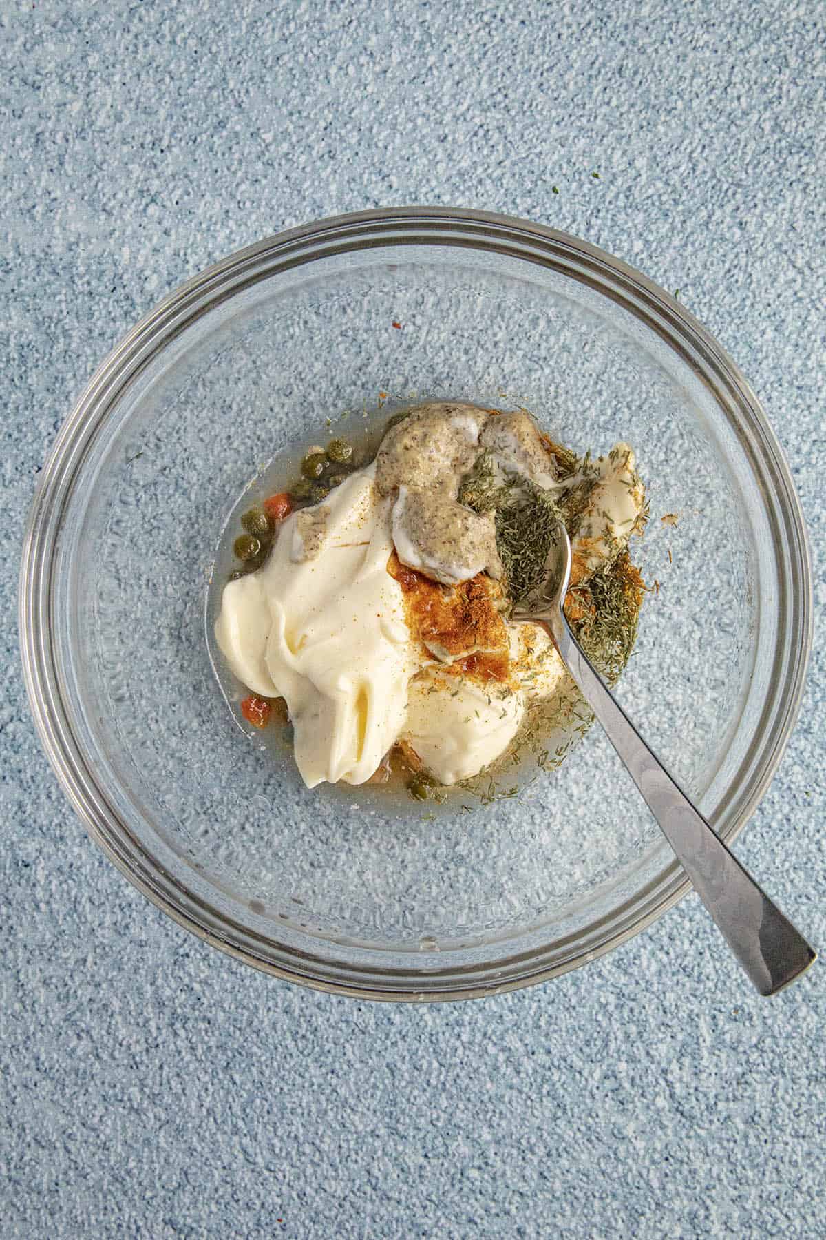 Tartar Sauce ingredients in a bowl, ready for mixing