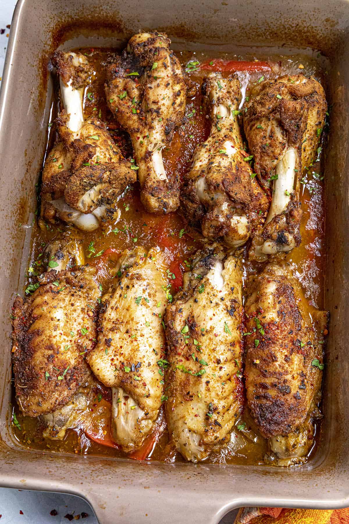 A baking dish with baked Turkey Wings