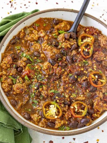 Black Bean Chili in a bowl, ready to serve