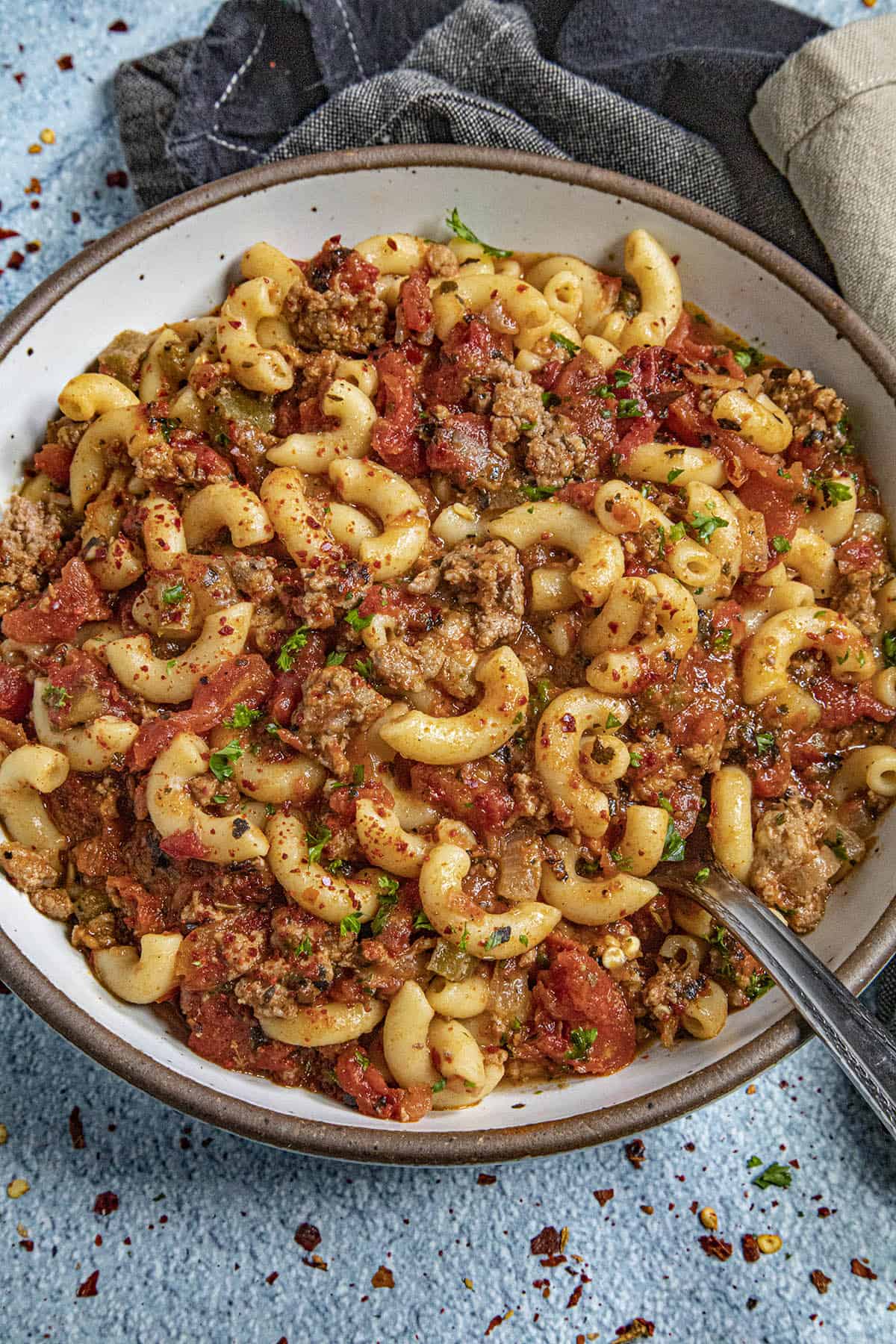 Easy American Goulash in a bowl, ready to serve