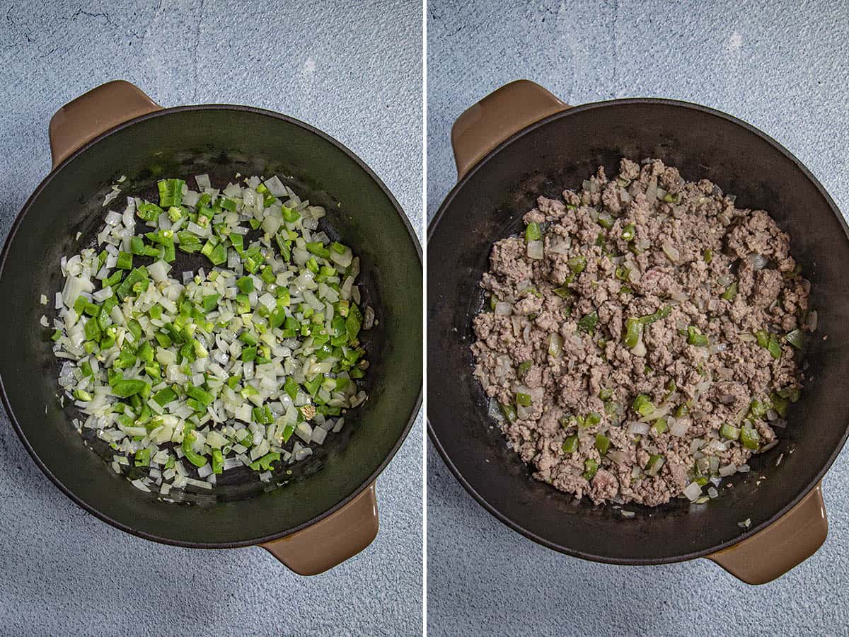 Cooking vegetables and meat in a pot to make easy American Goulash