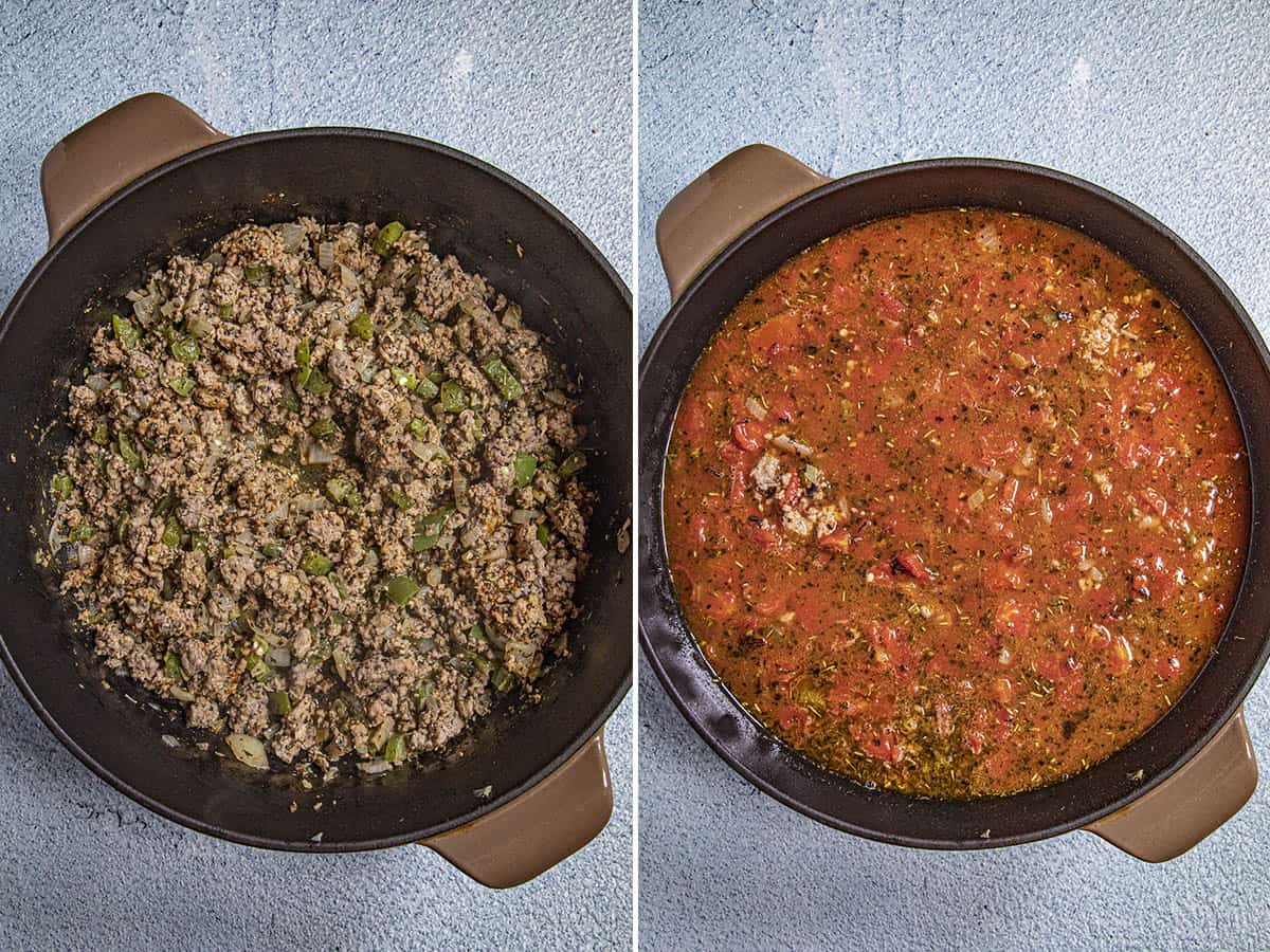 Simmering the American goulash in a pot